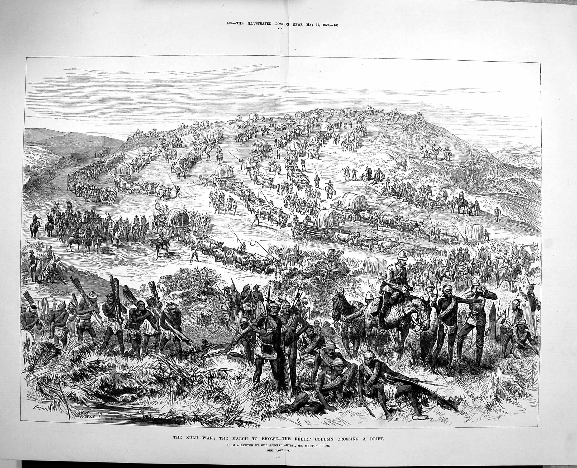 Original Old Antique Print 1879 Zulu War Siers Marching Ekowe Column Drift