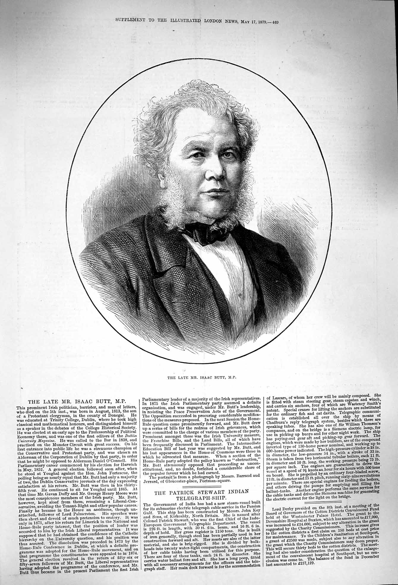 Original Old Antique Print 1879 Portrait Isaac Butt Politician Ba 19th