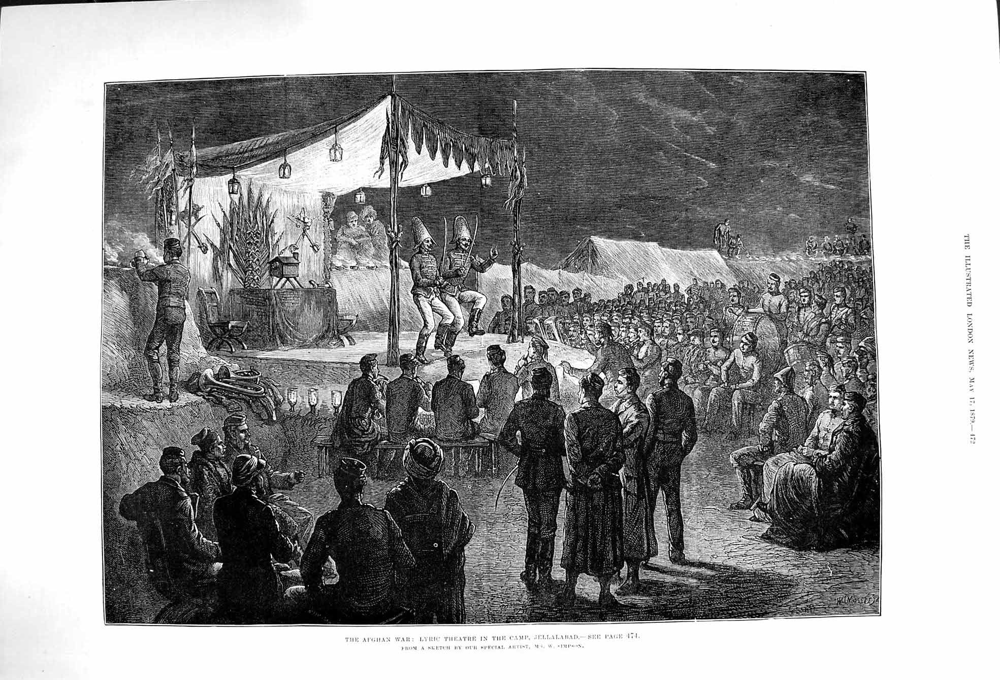 Original Old Antique Print 1879 Afghan War Lyric Theatre Camp Jellalabad Siers