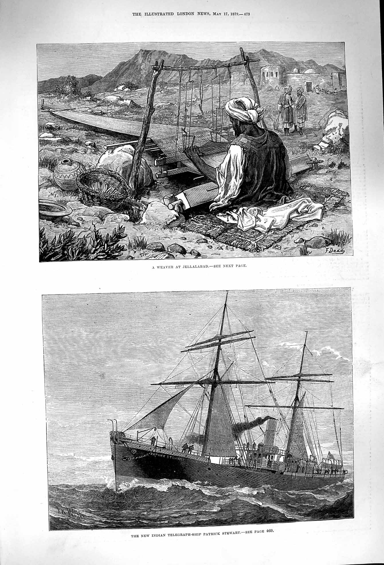 Old Antique Print 1879 Weaver Jellalabad Telegraph Ship Patrick Stewart 19th