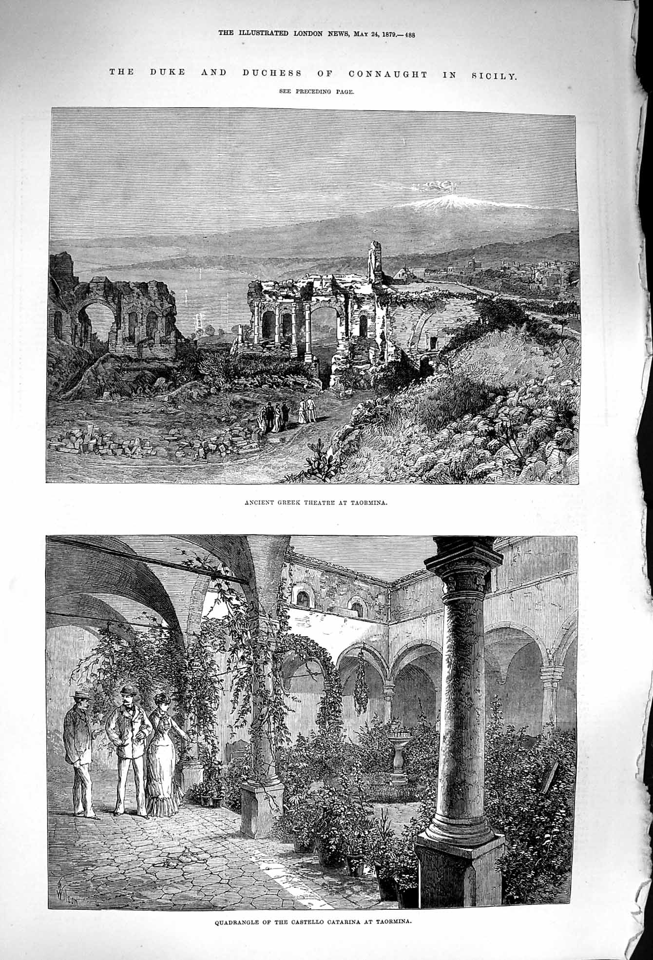 Original Old Antique Print 1879 Duke Connaught Sicily Theatre Taormina C 19th