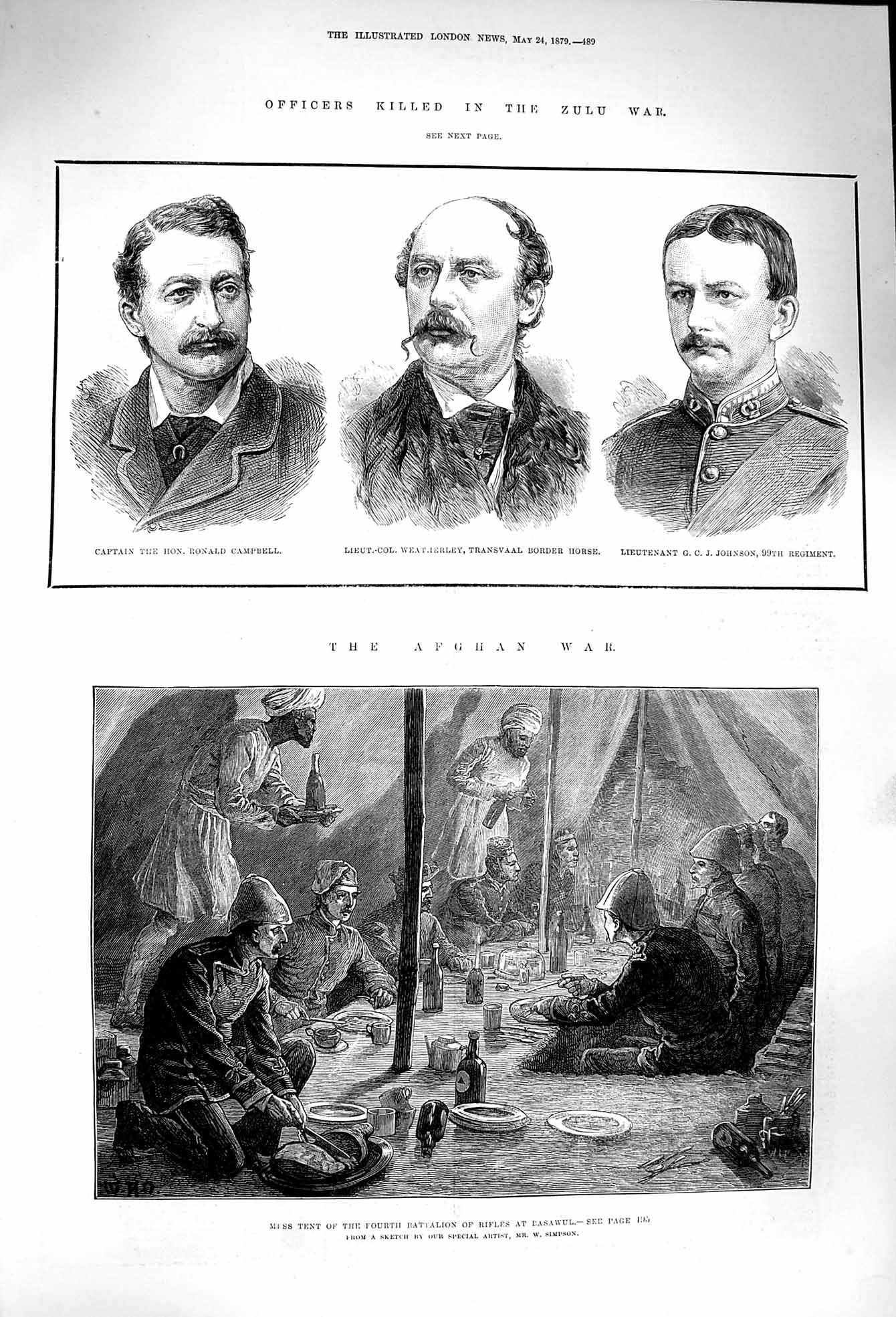 Old Antique Print 1879 Zulu War Campbell Weatherley Johnson Basawul Mess 19th