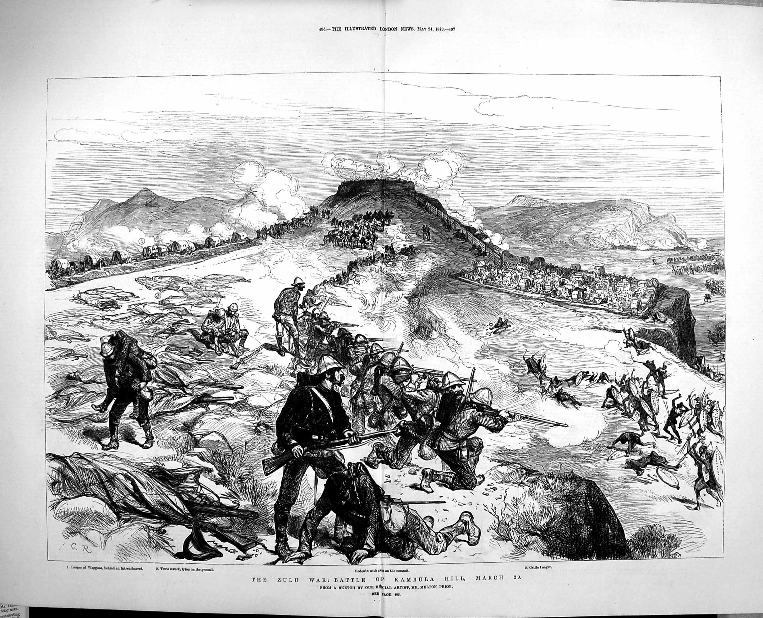 Antique Old Print 1879 Zulu War Battle Kambula Hill Laager Waggons Cattle 19th