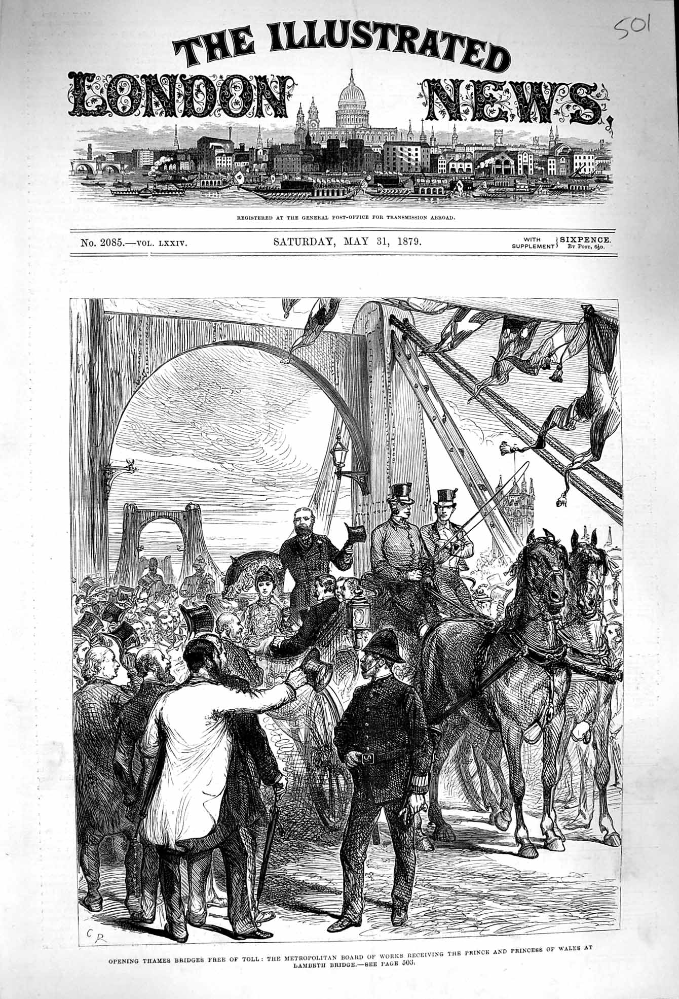 Old Antique Print 1879 Thames Bridge Princess Wales Lambeth Board Works 19th