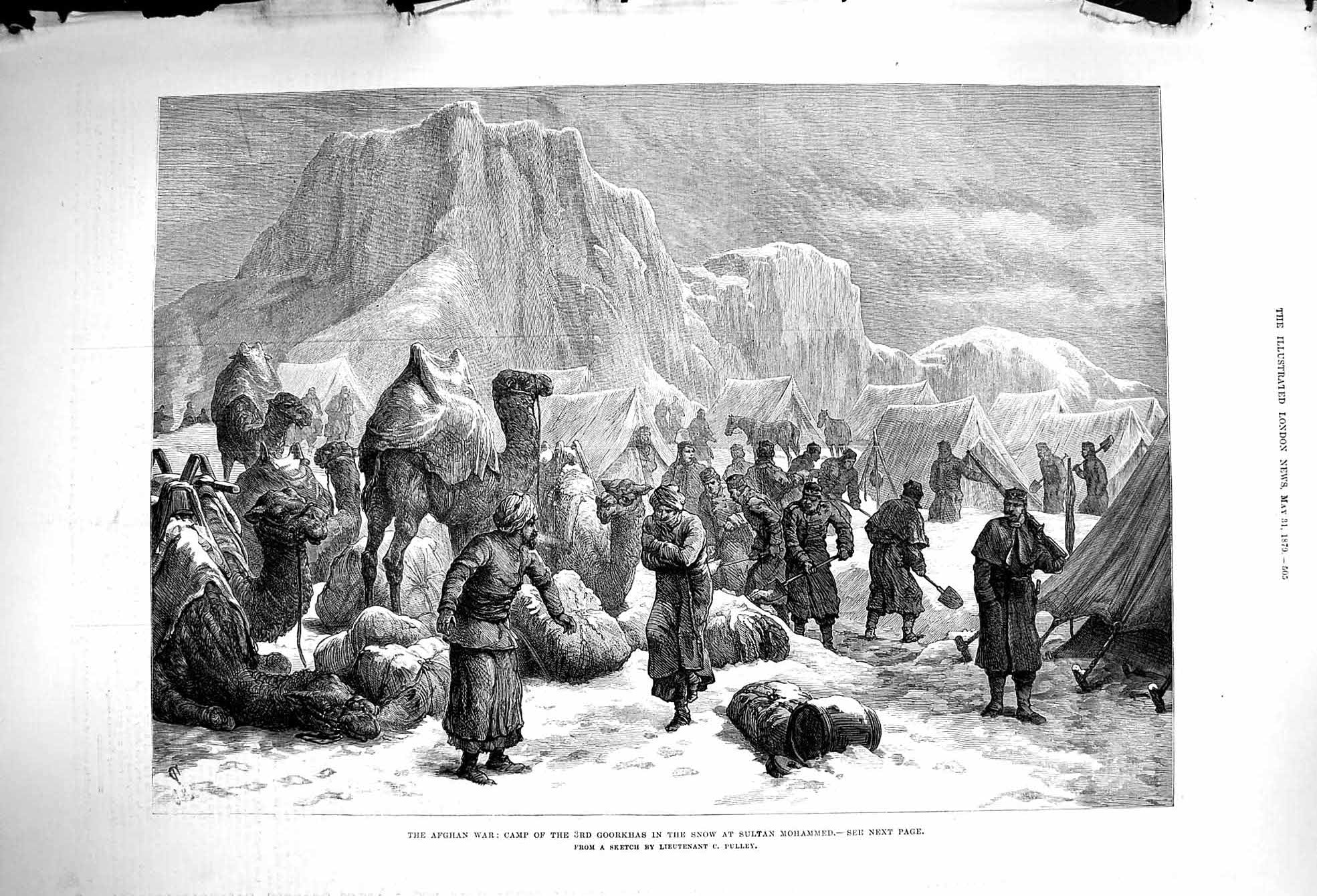 Original Old Antique Print 1879 Afghan War Camp Ghoorkhas Snow Sultan Mohammed