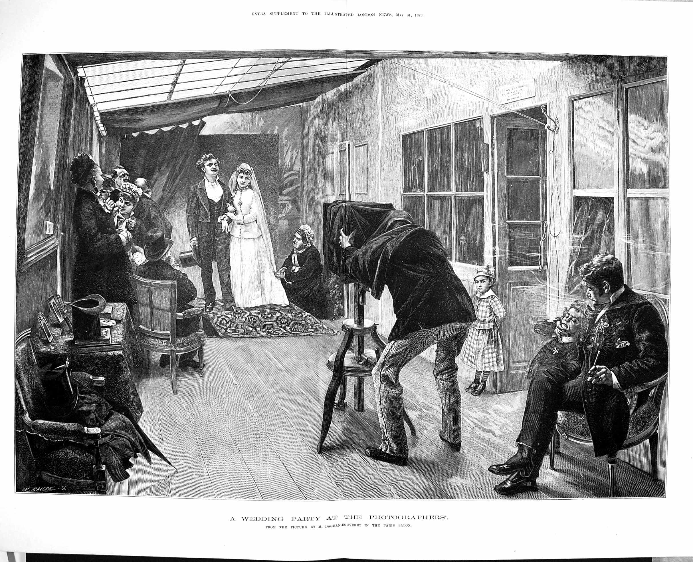 Old Antique Print 1879 Wedding Party Photographers Bride Groom Fine Art 19th