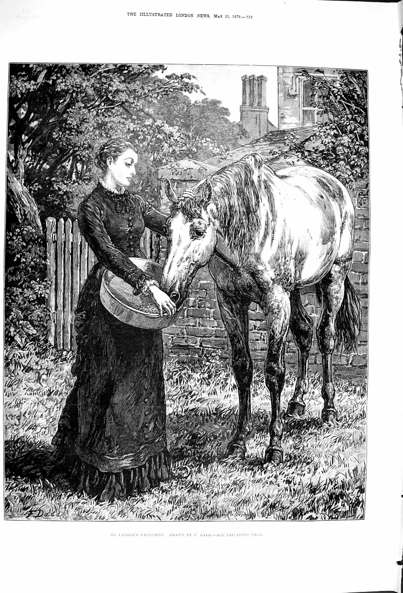 Old Antique Print 1879 Father'S Favourite Young Lady Feeding Horse Dadd 19th