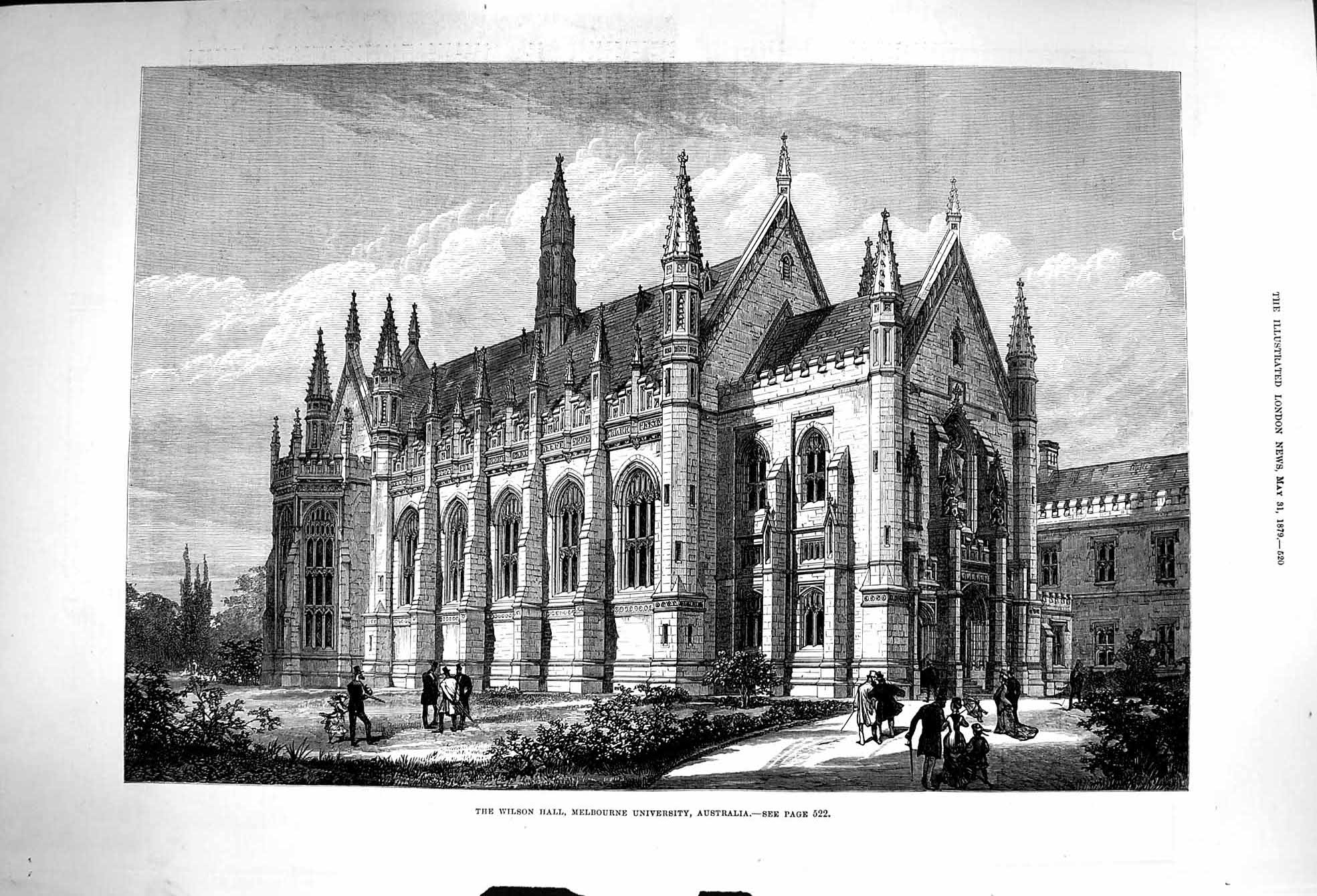 Original Old Antique Print 1879 Wilson Hall Melbourne University Australia 19th