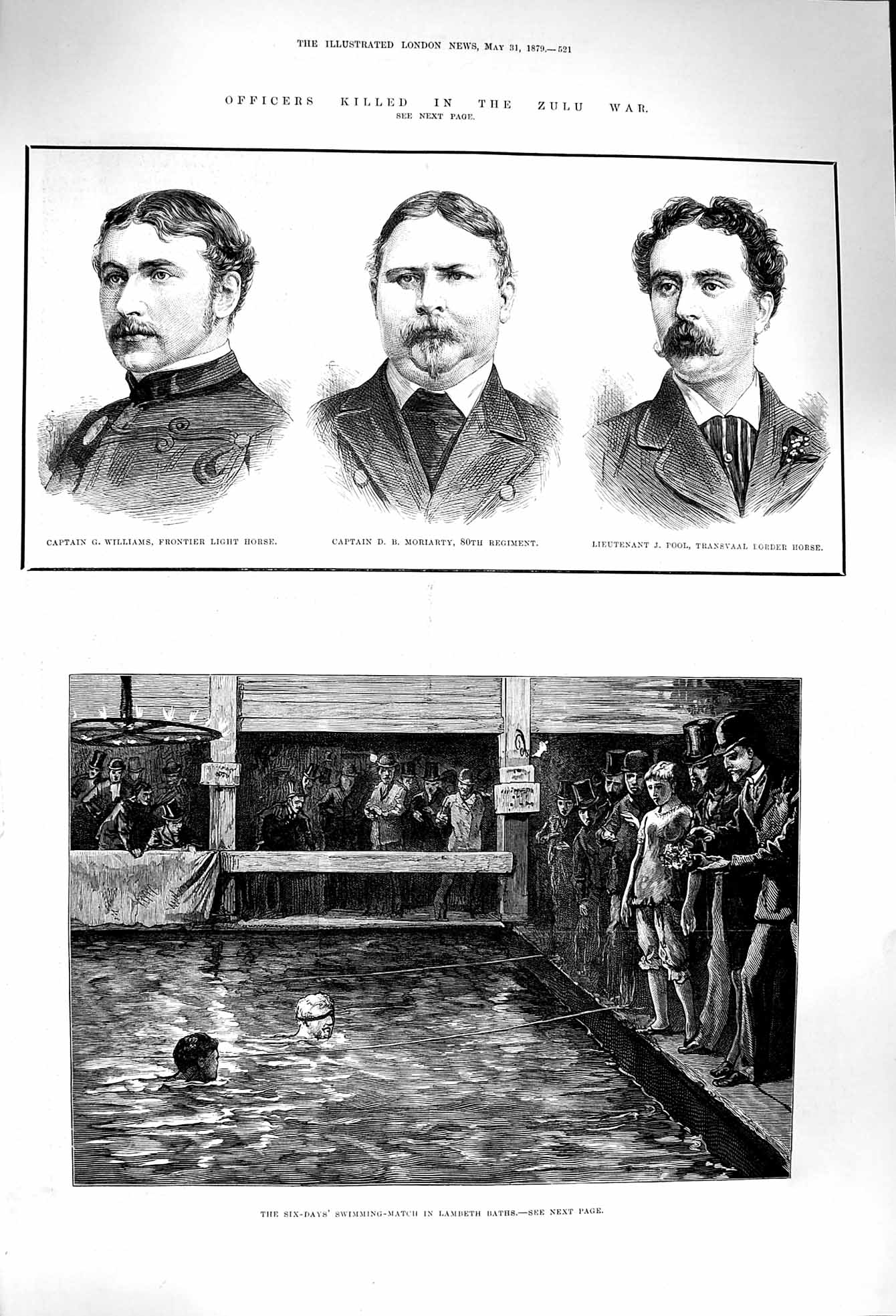 Old Antique Print 1879 Zulu War Williams Moriarty Pool Lambeth Swimming 19th
