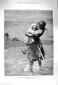 Original Old Antique Print 1879 Scene Sands Beach Scheveningen Young Girls Sea
