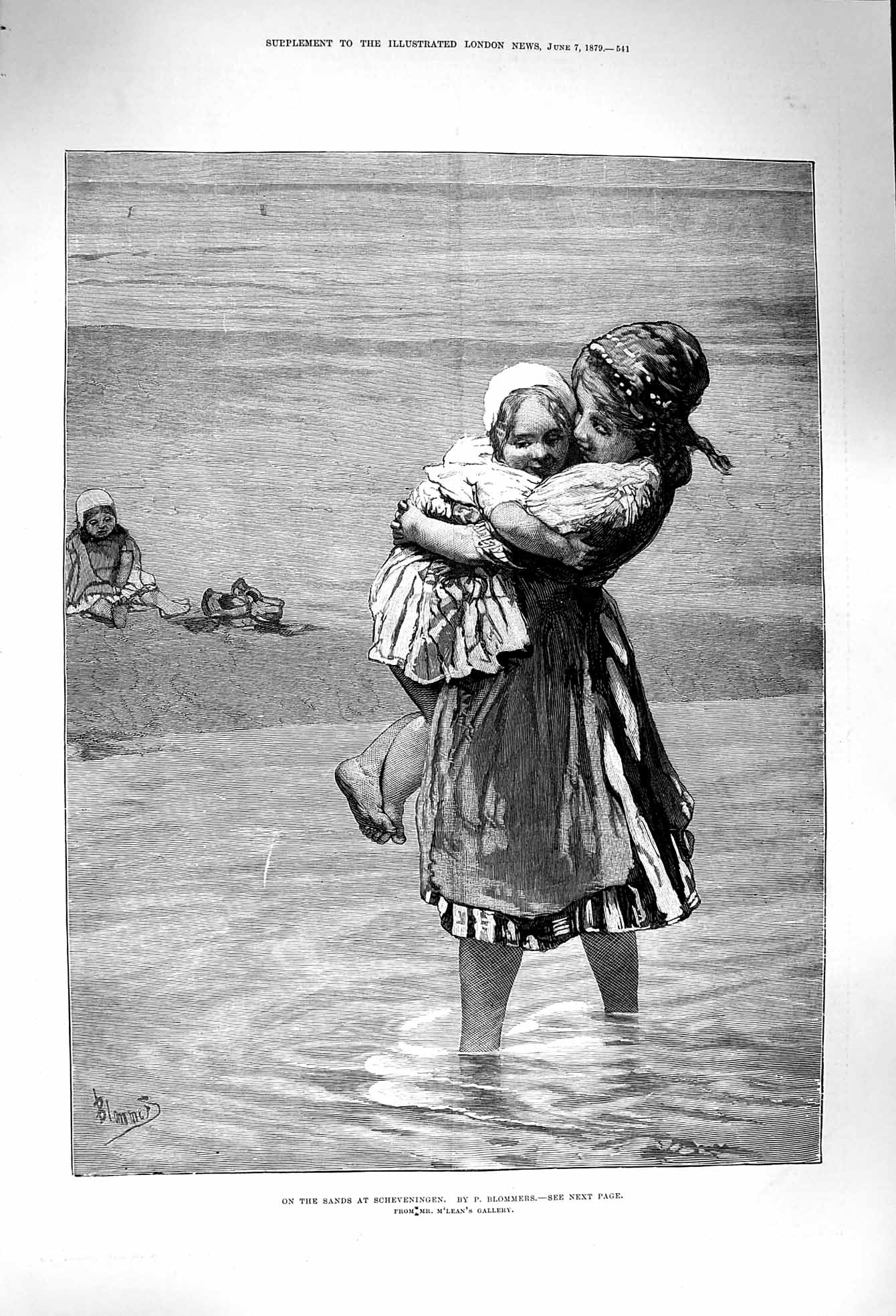 Original Old Antique Print 1879 Scene Sands Beach Scheveningen Young Girls Sea