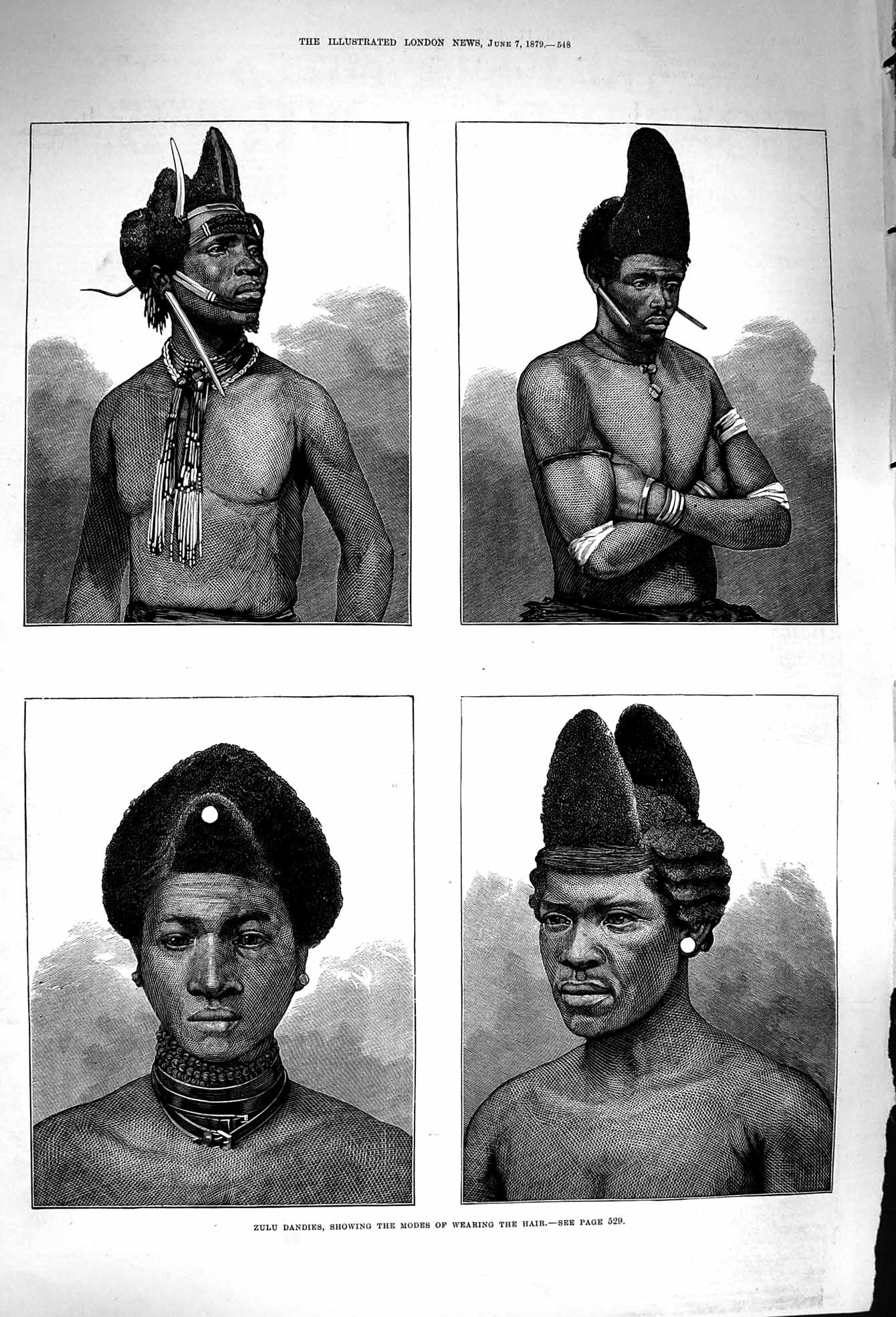 Old Antique Print 1879 Zulu Dandies Modes Wearing Hair Native Men Fashion 19th