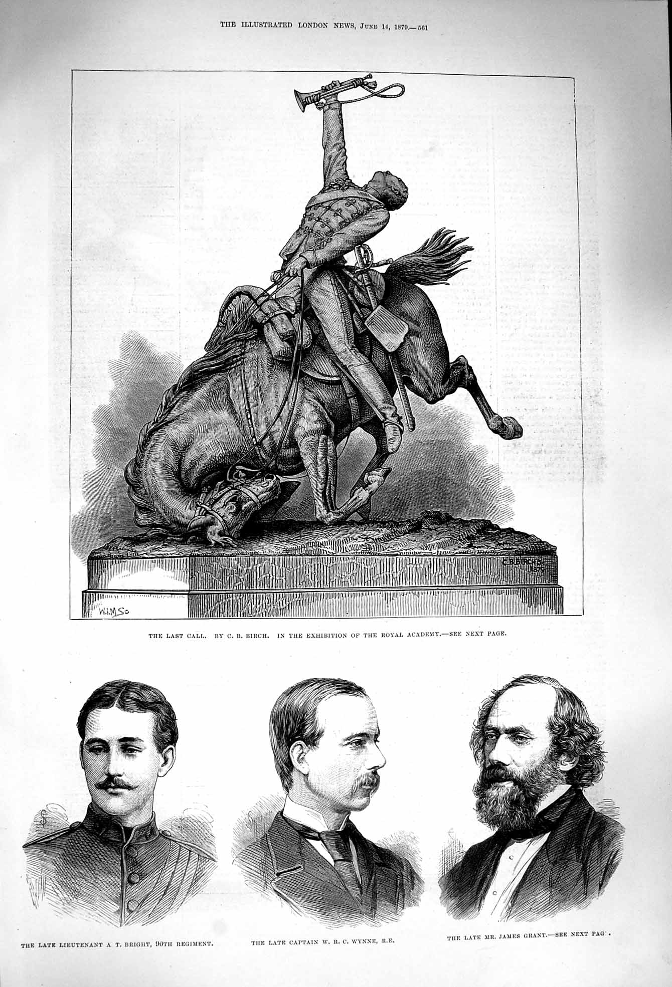 Old Antique Print 1879 Bright Wynne Grant War Statue Last Call Man Horse 19th