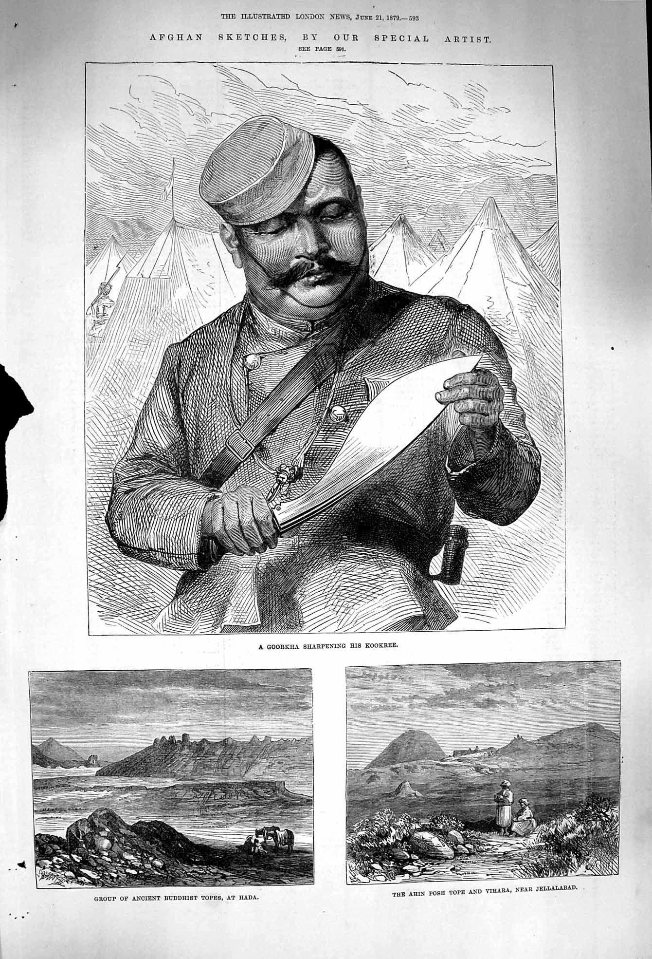 Old Antique Print 1879 Afghan Goorkha Sharpening Kookree Hada Ahin Posh 19th