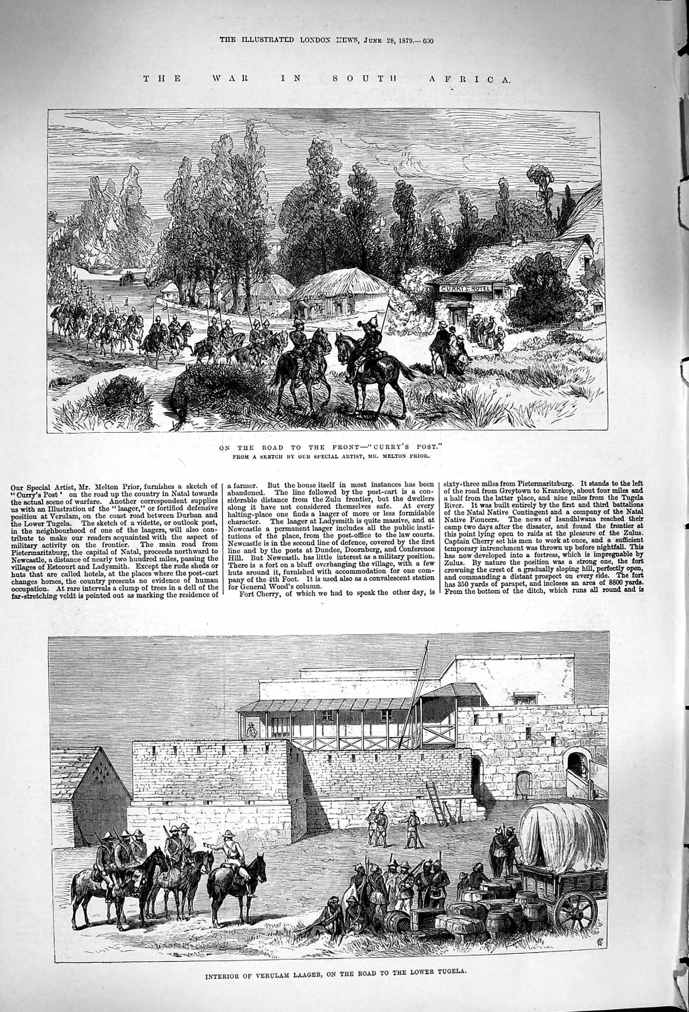Original Old Antique Print 1879 War Africa Curry'S Post Verulam Laager Tugela