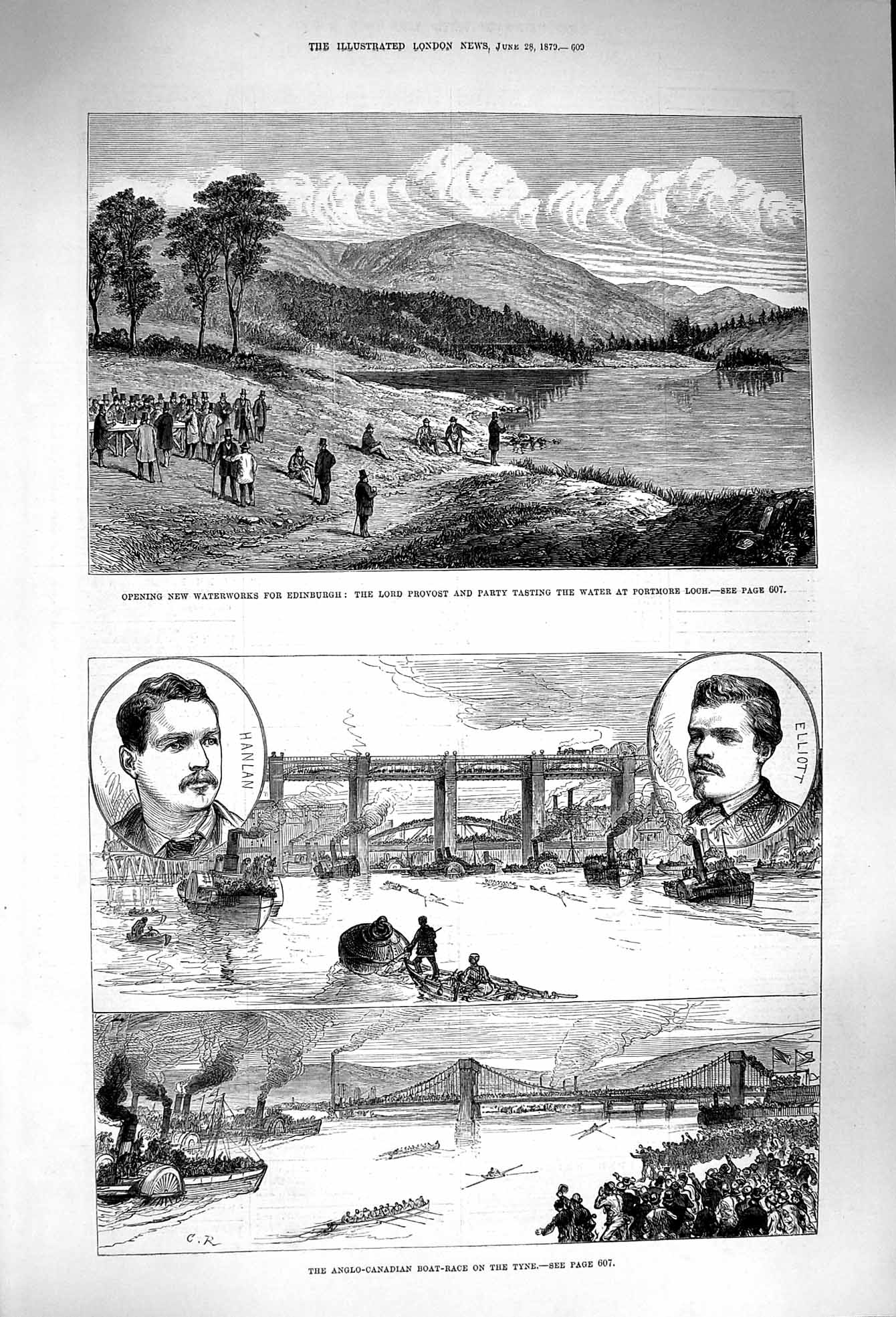 Old Antique Print 1879 Waterworks Edinburgh Provost Boat Race Tyne River 19th