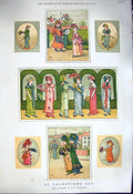 Original Old Antique Print 1879 Colour St. Valentines Day Ladies Romance 19th