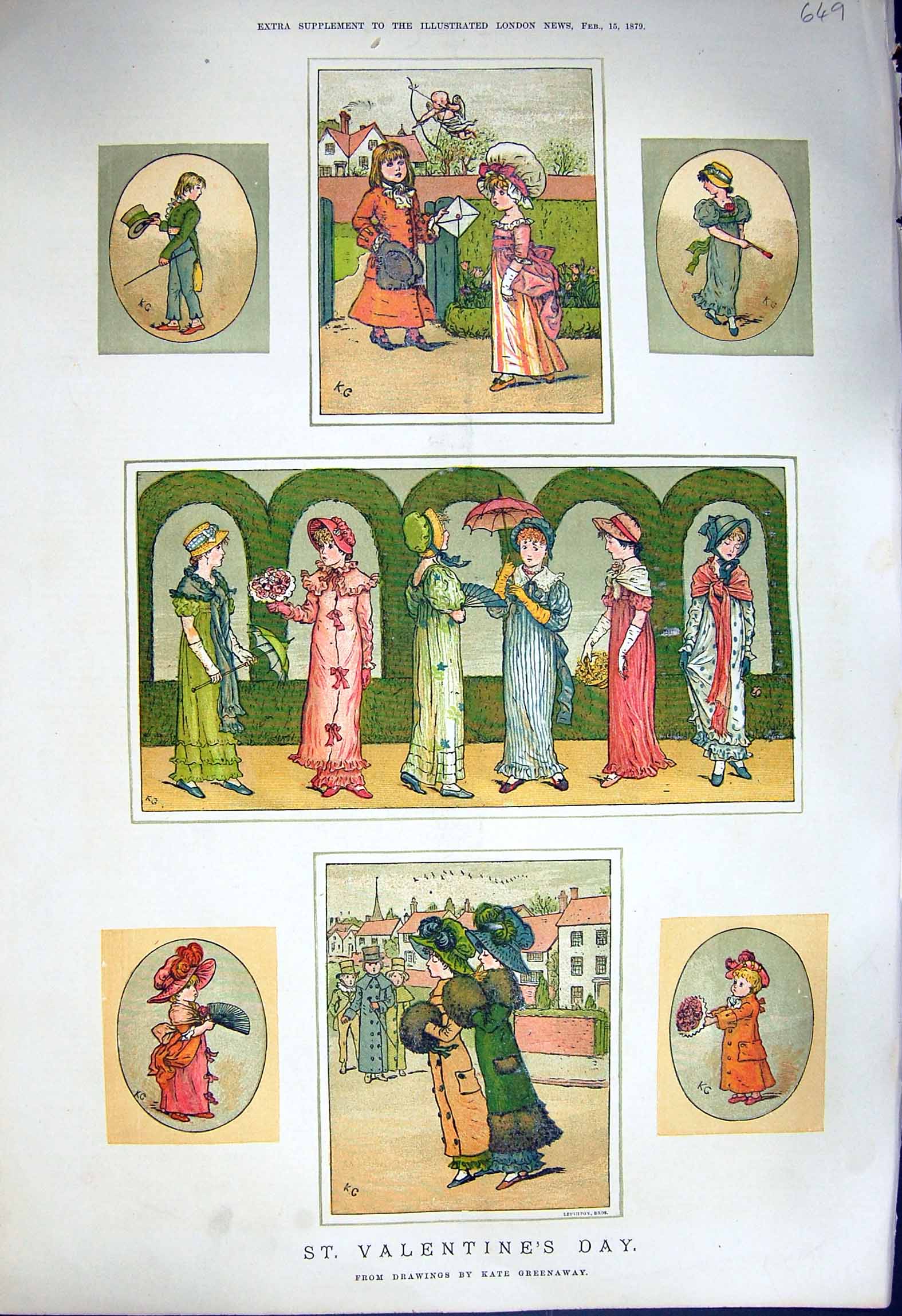 Original Old Antique Print 1879 Colour St. Valentines Day Ladies Romance 19th
