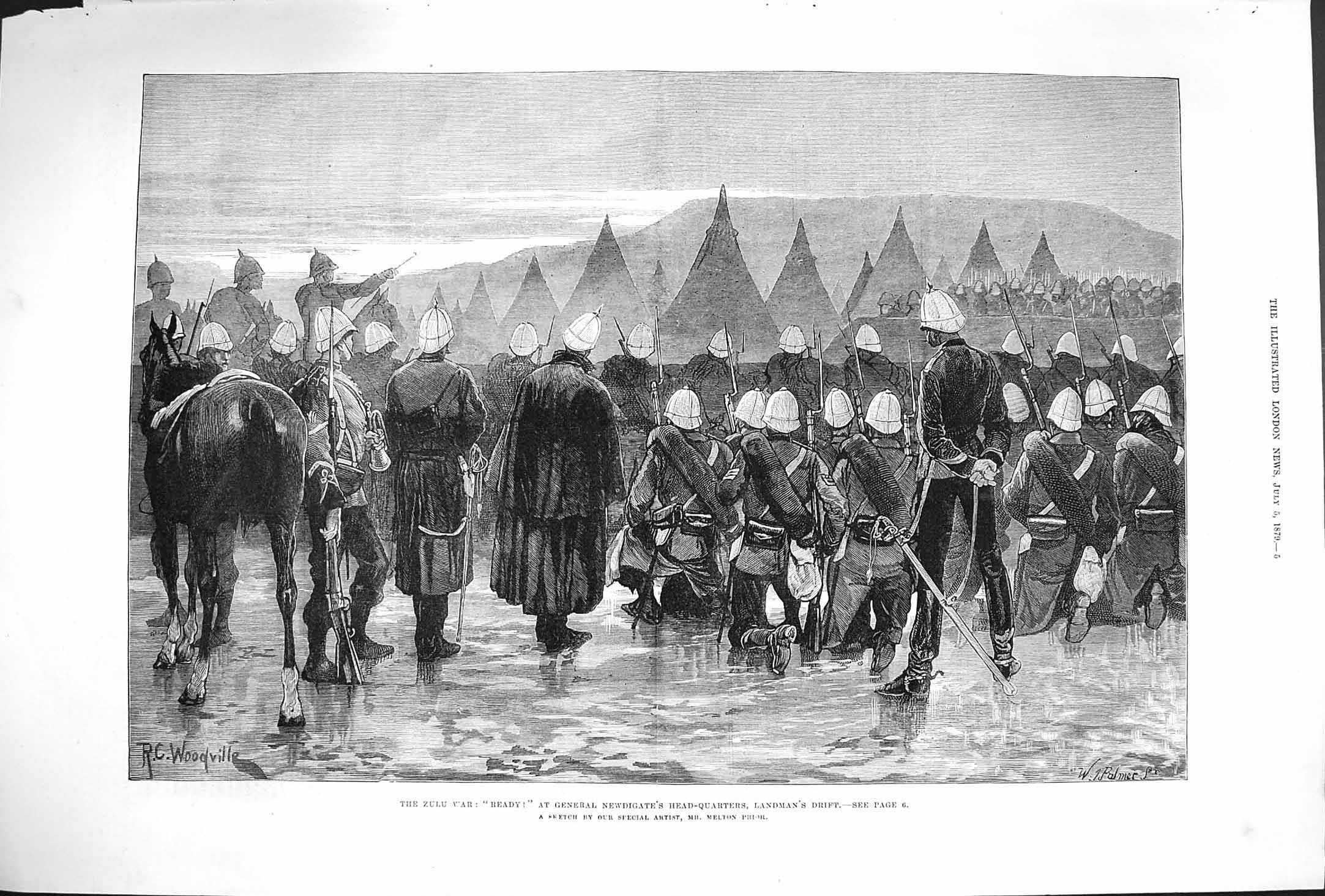 Original Old Antique Print 1879 Zulu War General Newdigate Camp Landman'S Drift
