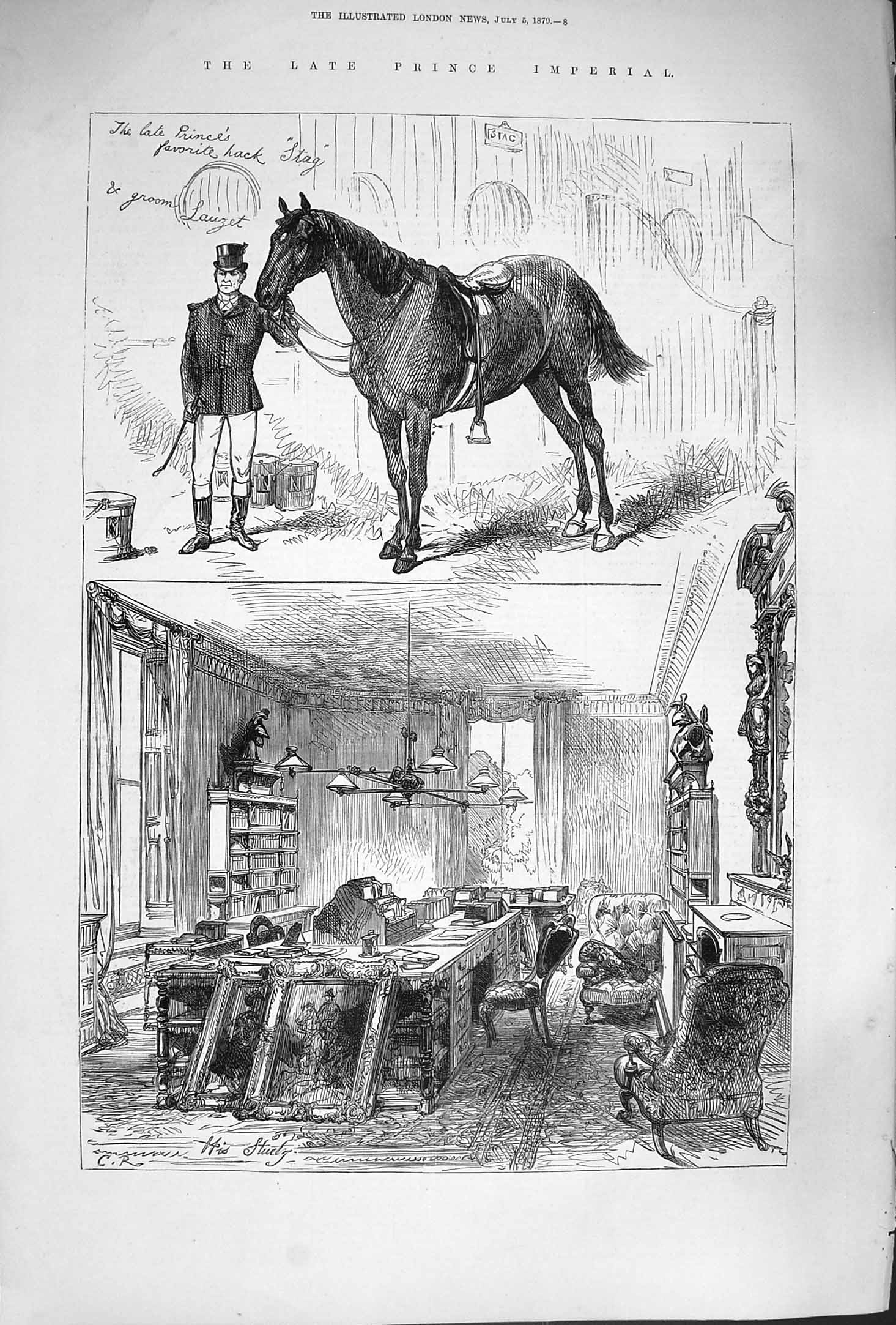 Original Old Antique Print 1879 Prince Imperial Hack Horse Stag Groom Study