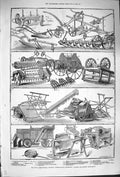 Old Antique Print 1879 Agricultural Exhibition Ancient Modern Implements 19th