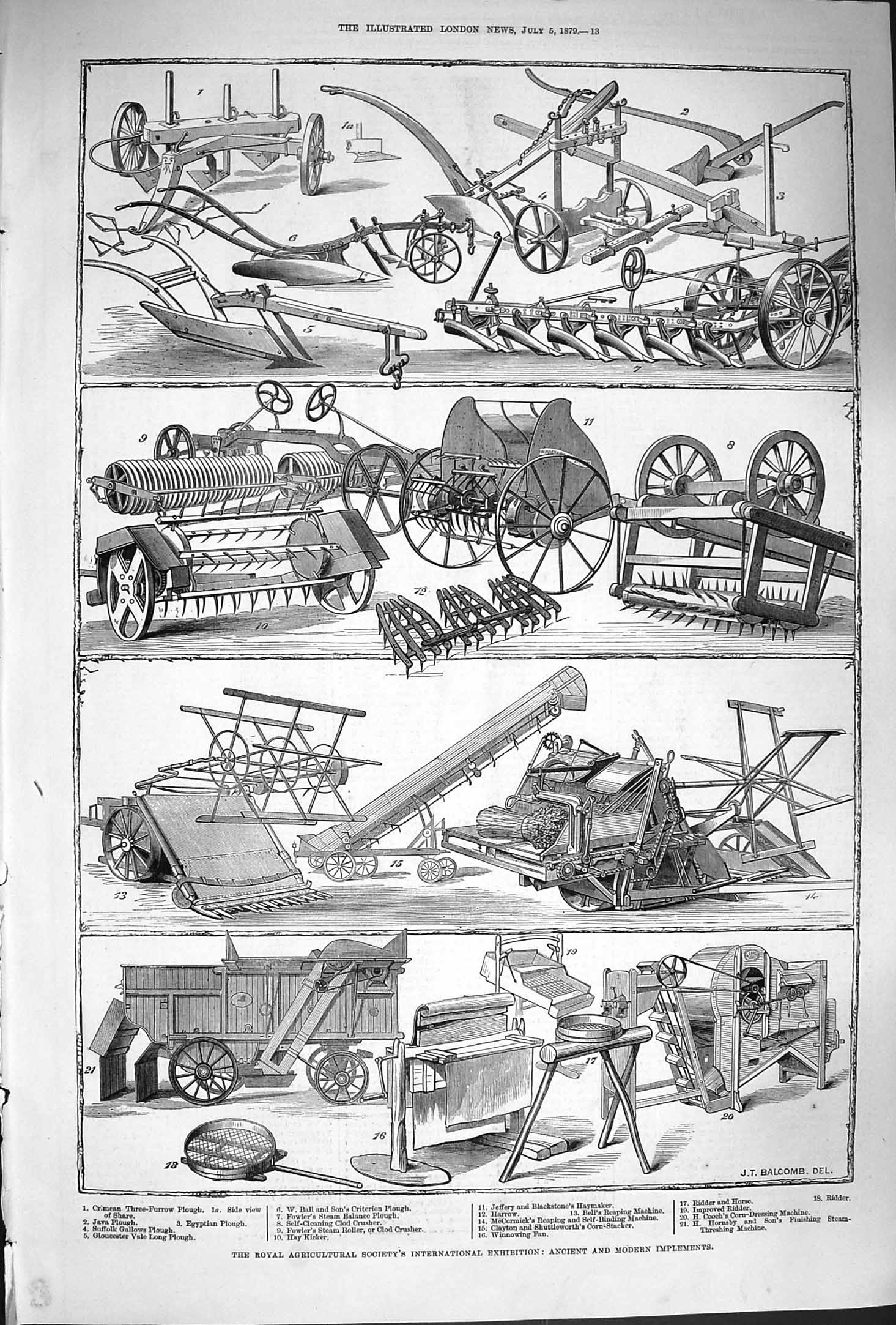 Old Antique Print 1879 Agricultural Exhibition Ancient Modern Implements 19th