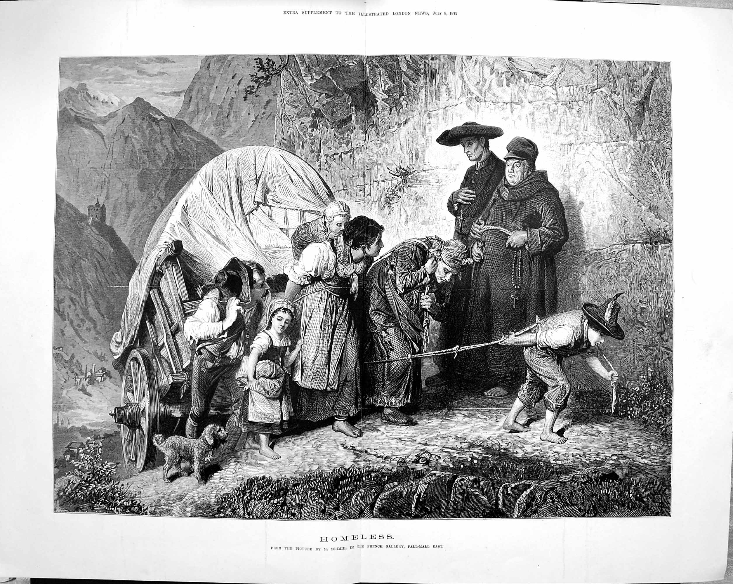 Original Old Antique Print 1879 Homeless Family Waggon Chldren Dog 0 Victorian