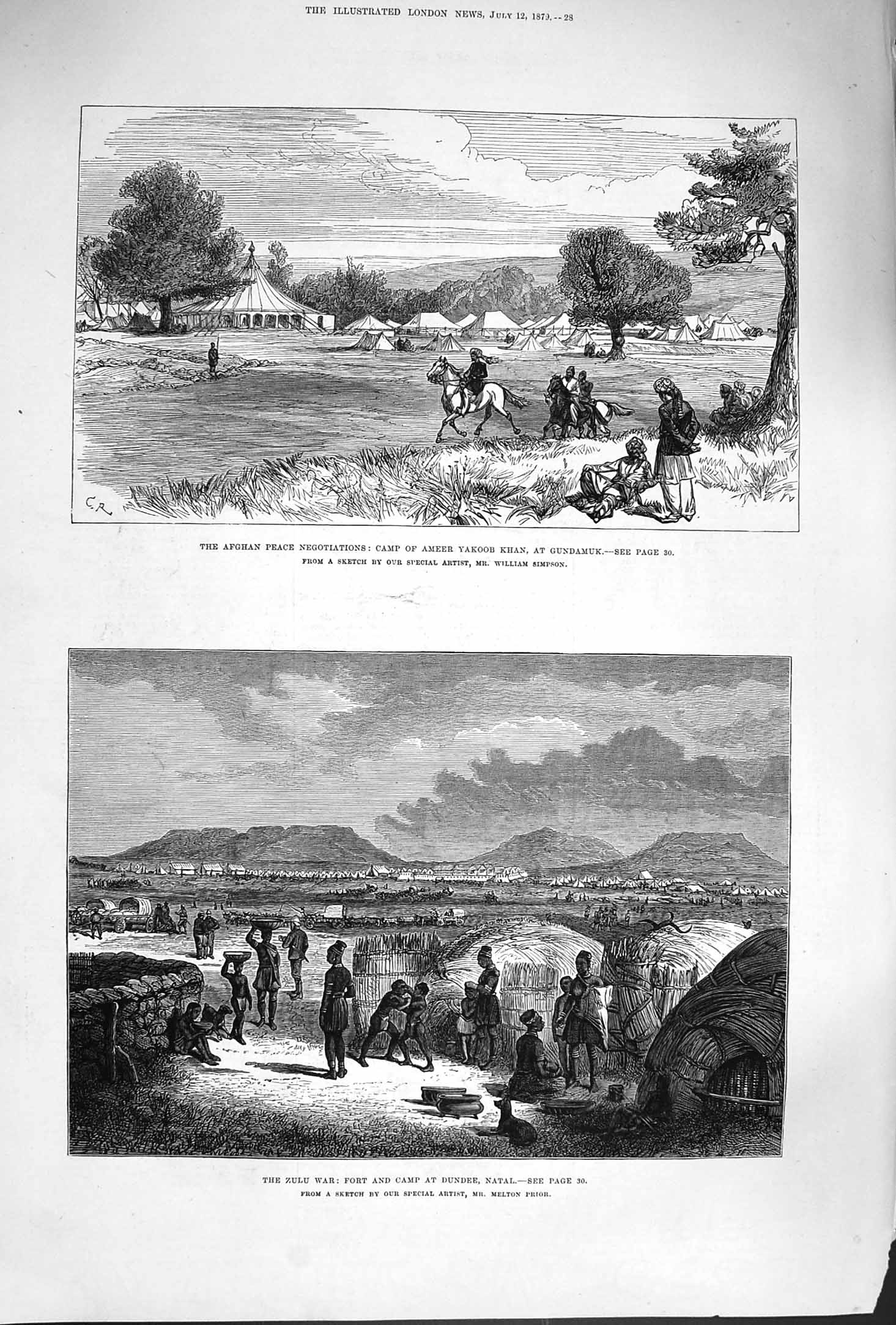 Original Old Antique Print 1879 Zulu War Fort Dundee Natal Afghan Ameer Yakoob