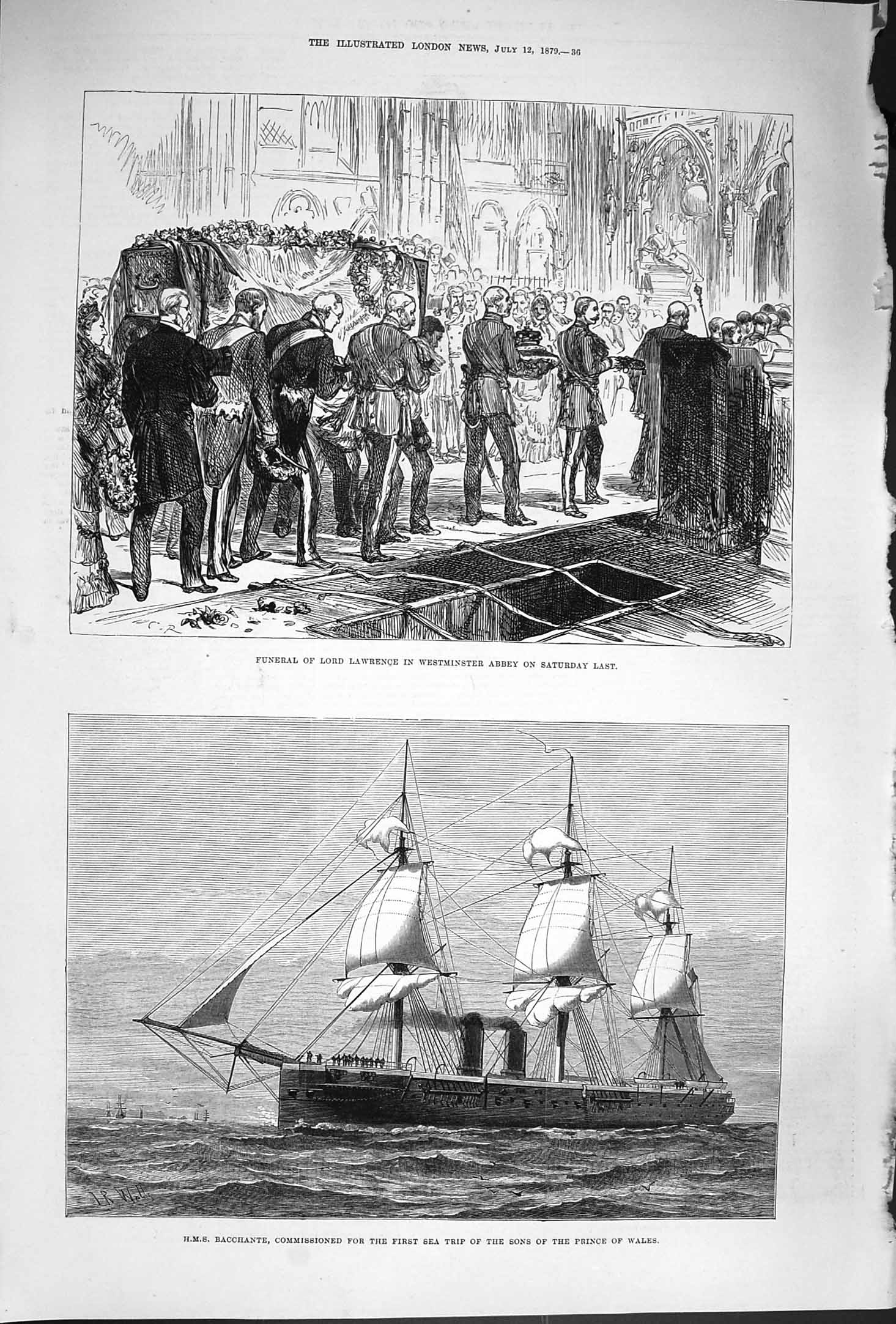 Old Antique Print 1879 Funeral Lord Lawrence Westminster Ship Bacchante 19th