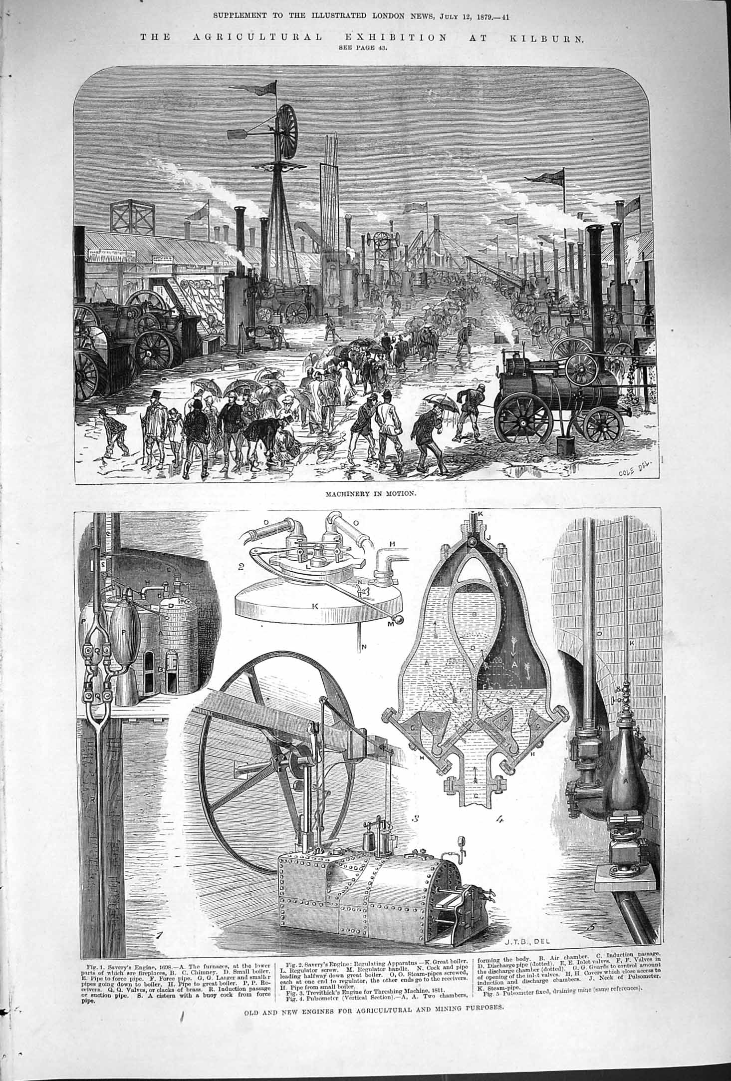 Original Old Antique Print 1879 Kilburn Machinery Engines Agriculture Mining