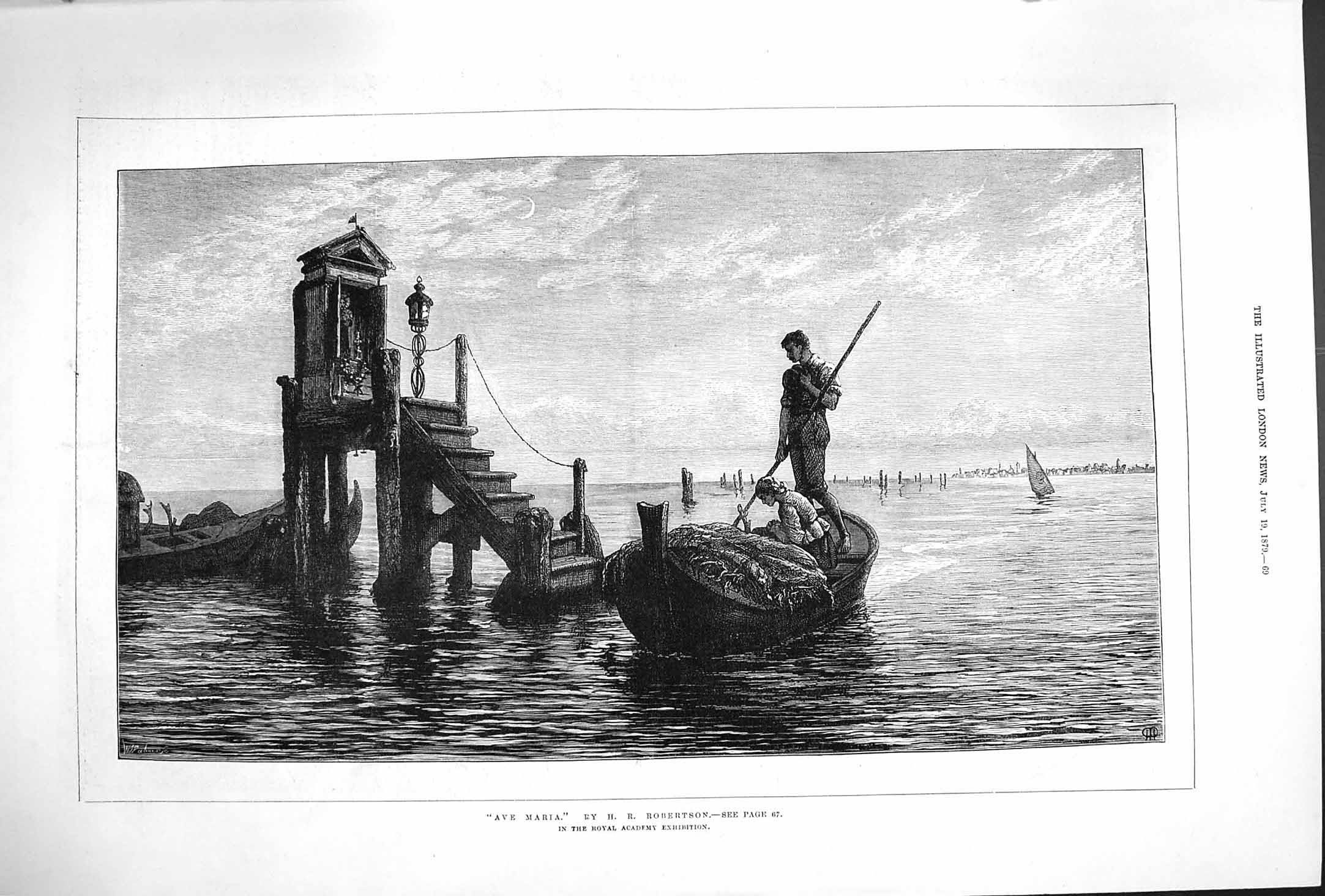 Original Old Antique Print 1879 Ave Maria Romance Man Woman Boat Fine Art 19th