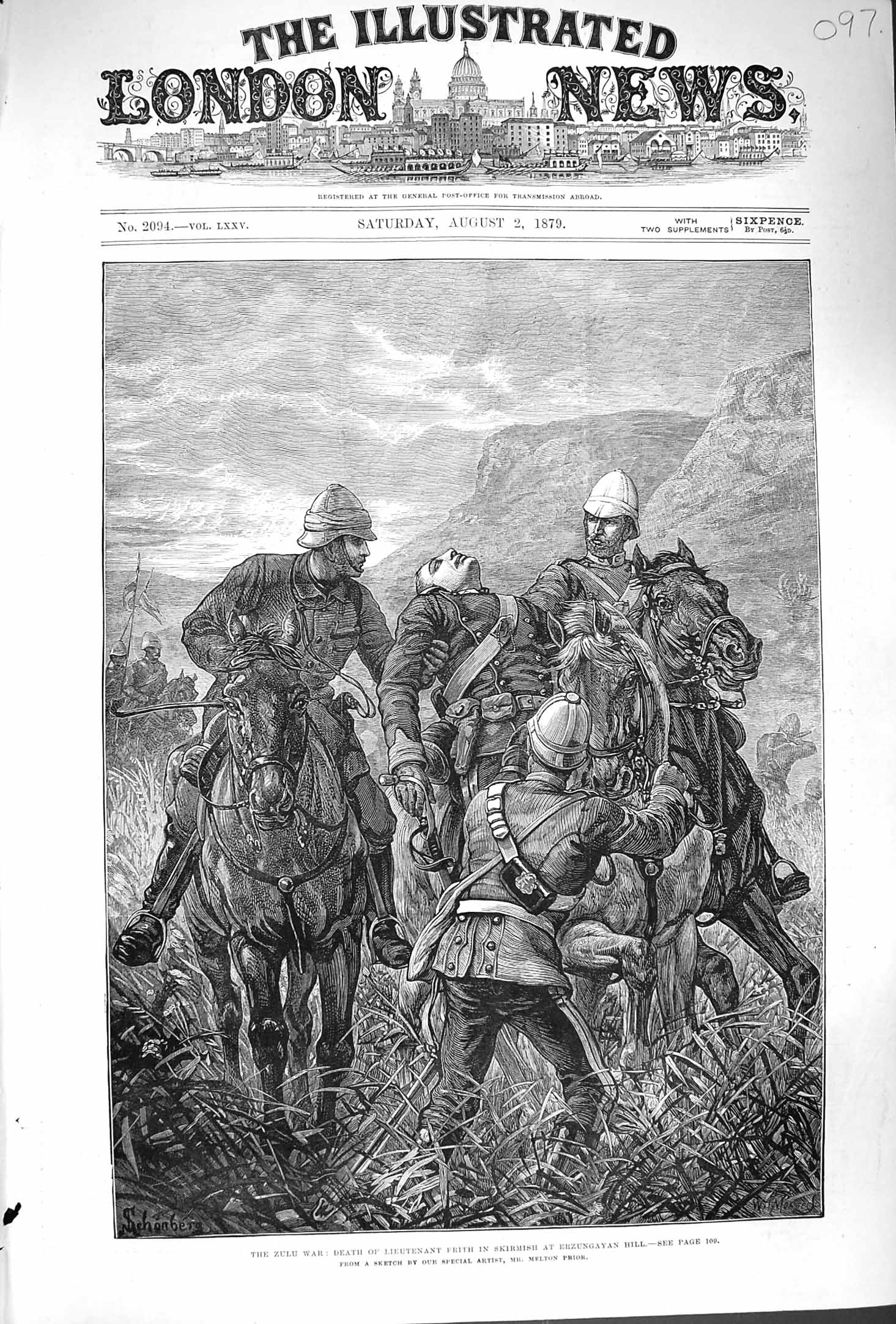 Original Old Antique Print 1879 Zulu War Death Frith Skirmish Erzungay Victorian