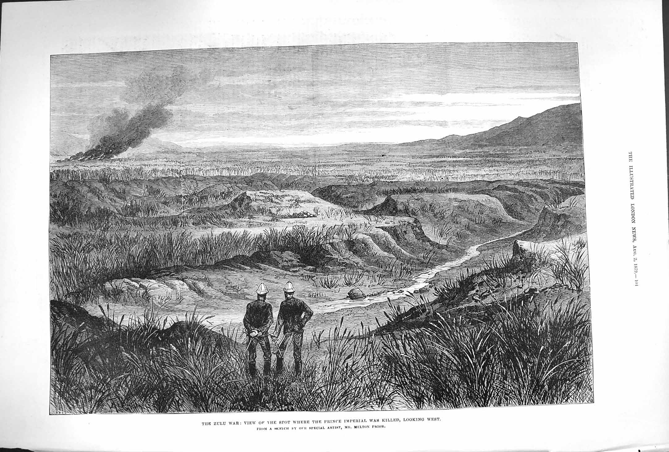 Old Antique Print 1879 Zulu War Spot Prince Imperial Died Mountains Scene 19th