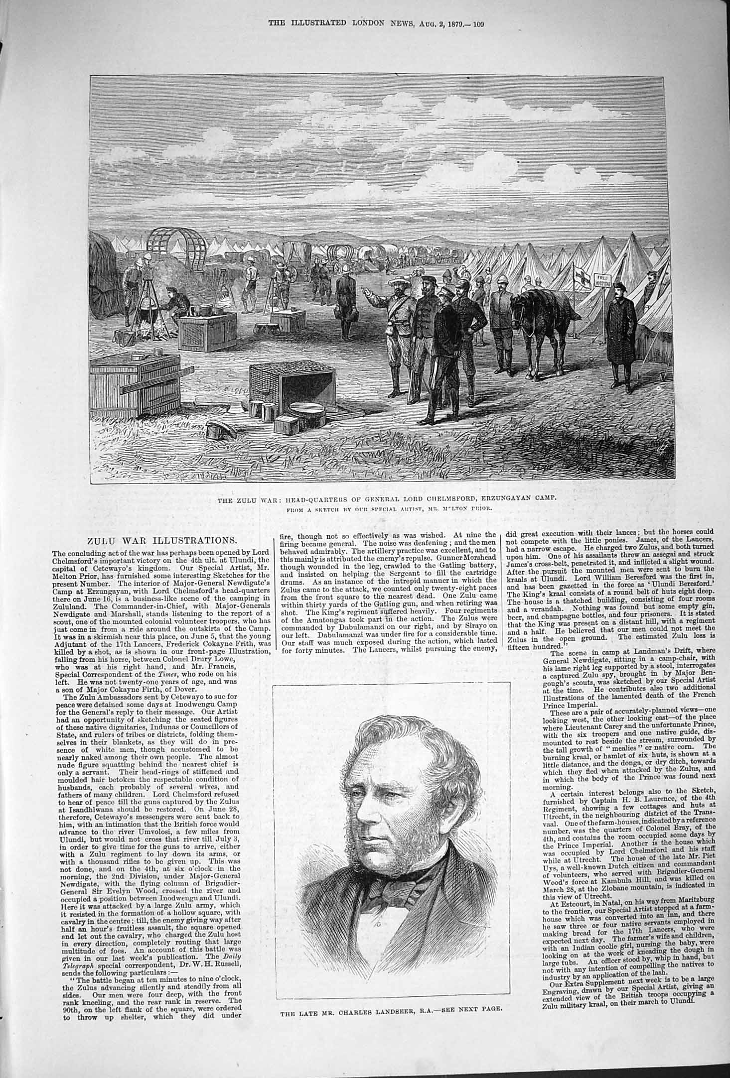 Old Antique Print 1879 Zulu War Lord Chelmsford Erzungayan Camp Landseer 19th