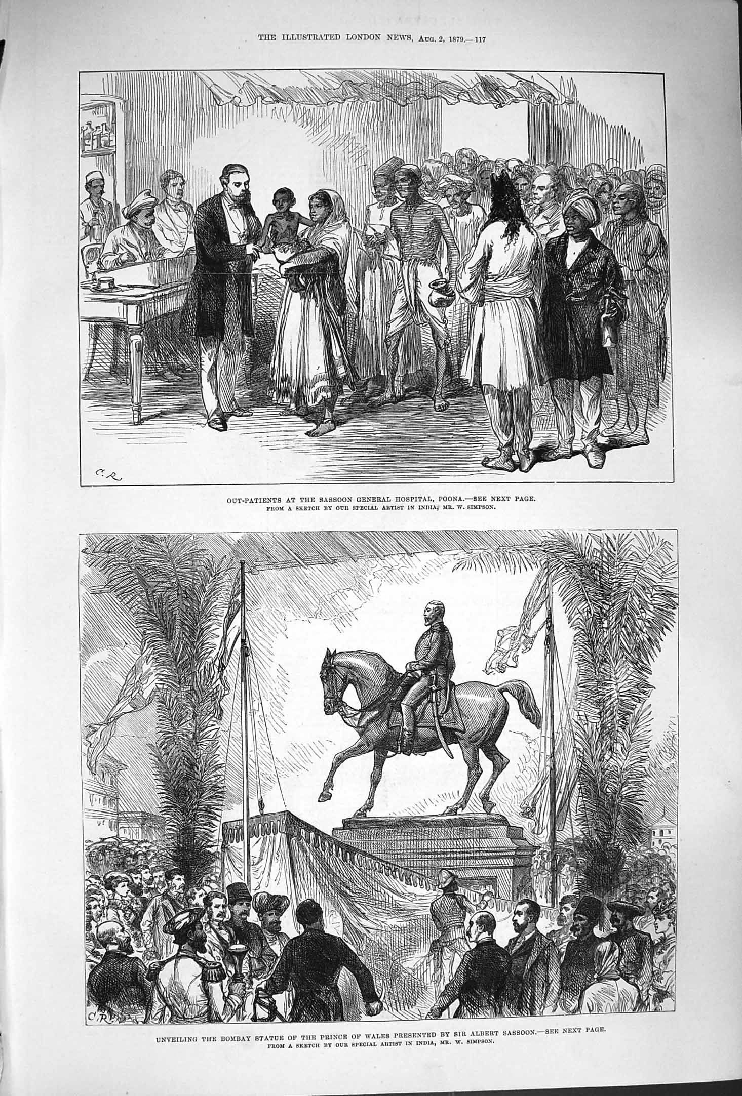 Old Antique Print 1879 Bombay Statue Prince Wales Sassoon Hospital Poona 19th