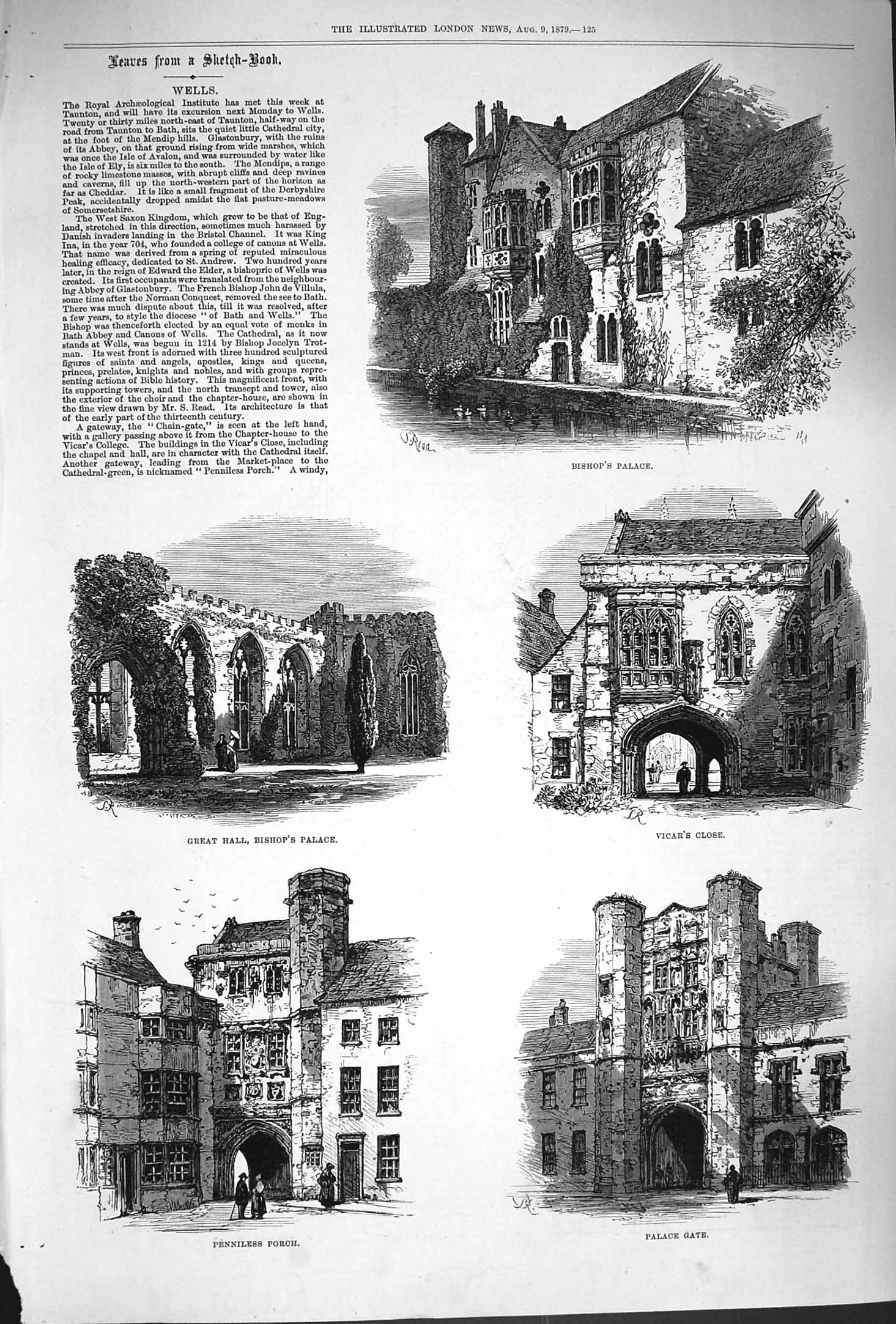 Old Antique Print 1879 Wells Bishop'S Palace Vicar'S Close Penniless Gate 19th