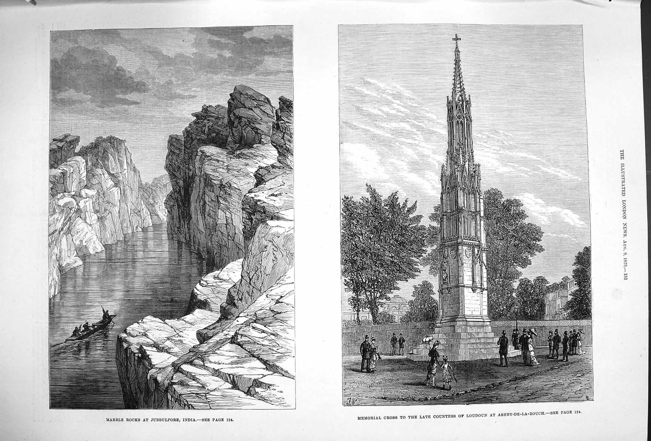 Original Old Antique Print 1879 Marble Rocks Jubbulpore India Cross Loudoun