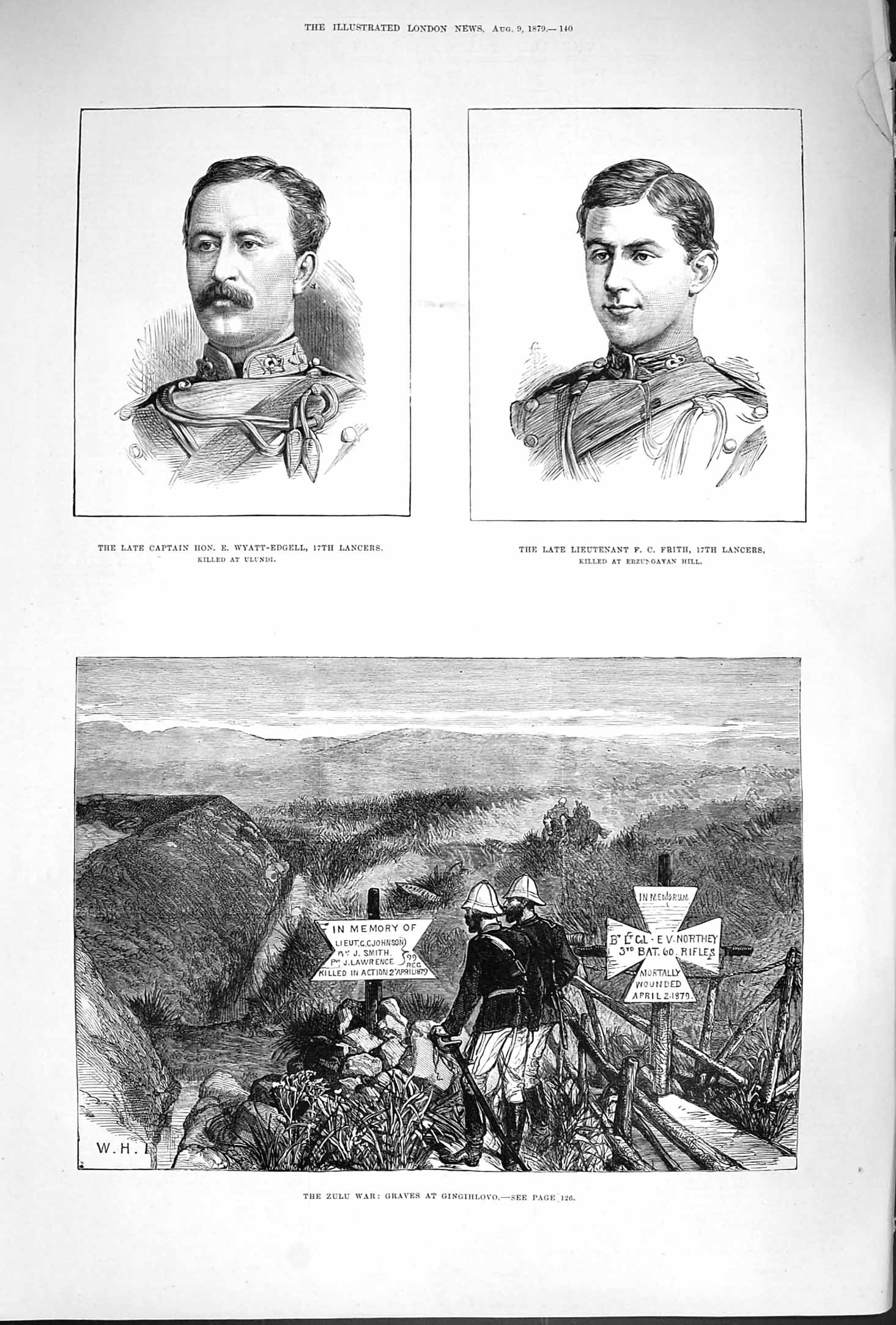Original Old Antique Print 1879 Zulu War Graves Gingihlovo Wyatt-Edgell Frith