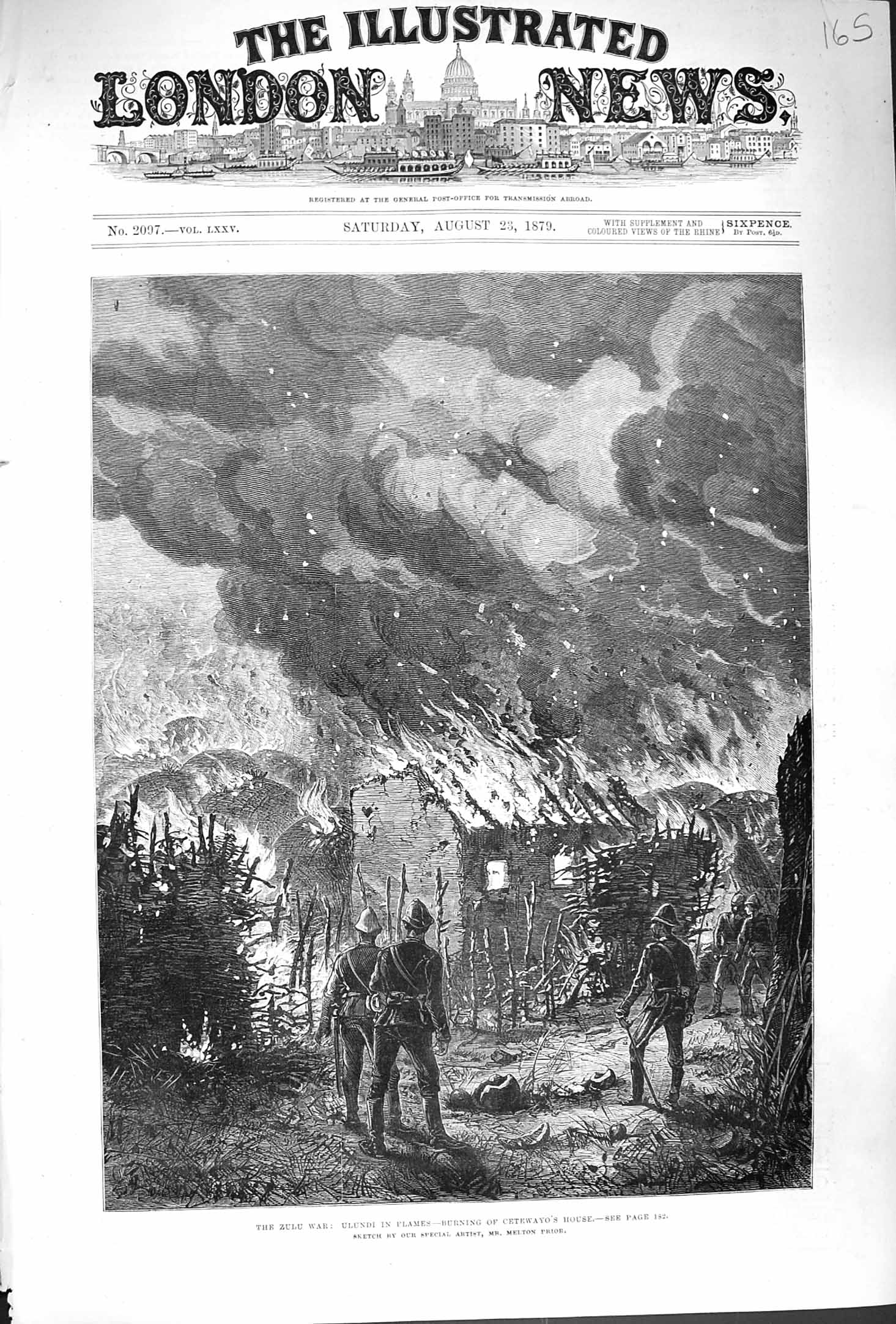 Original Old Antique Print 1879 Zulu War Ulundi Fire Cetewayo House Africa 19th