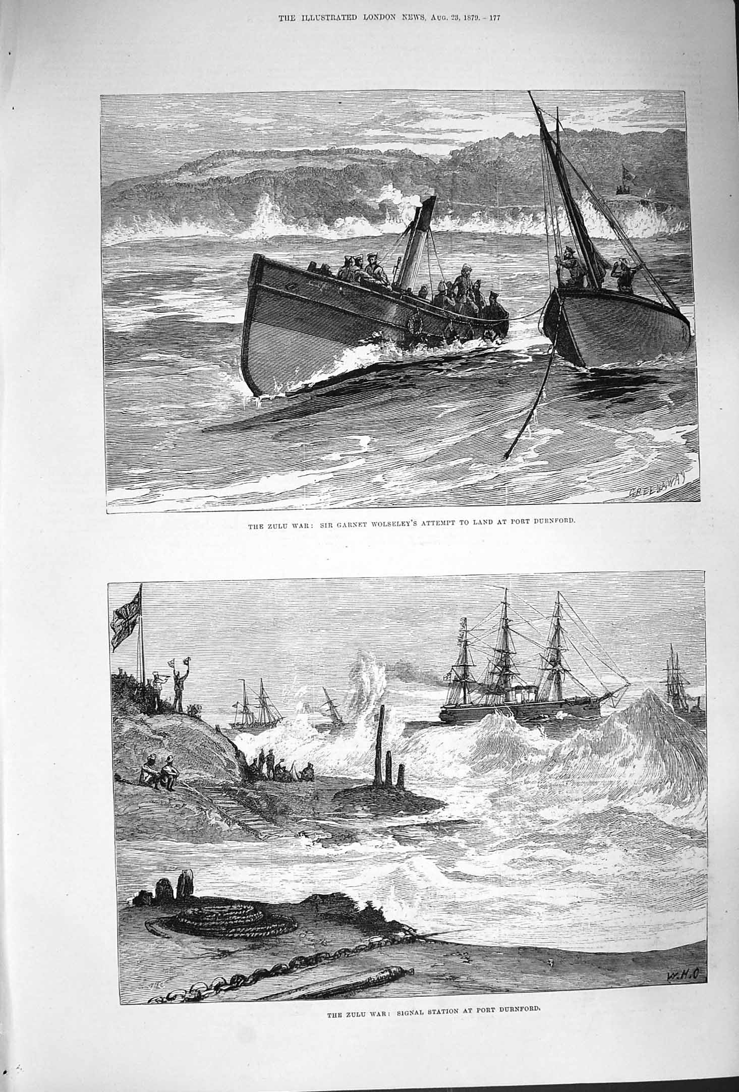 Old Antique Print 1879 Zulu War Garnet Wolseley Port Durnford Ship Signal 19th