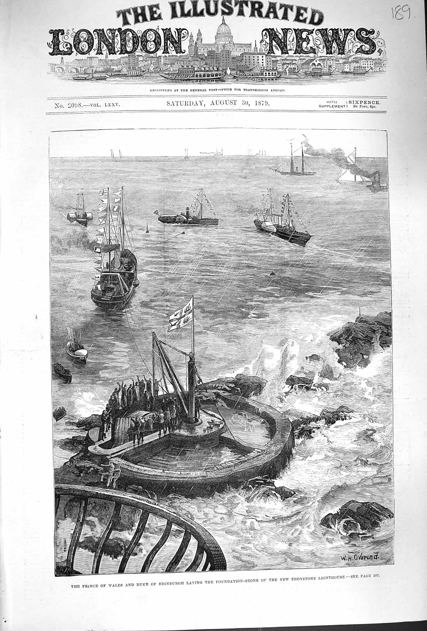 Original Old Antique Print 1879 Eddystone Lighthouse Foundation Ships Stone 19th