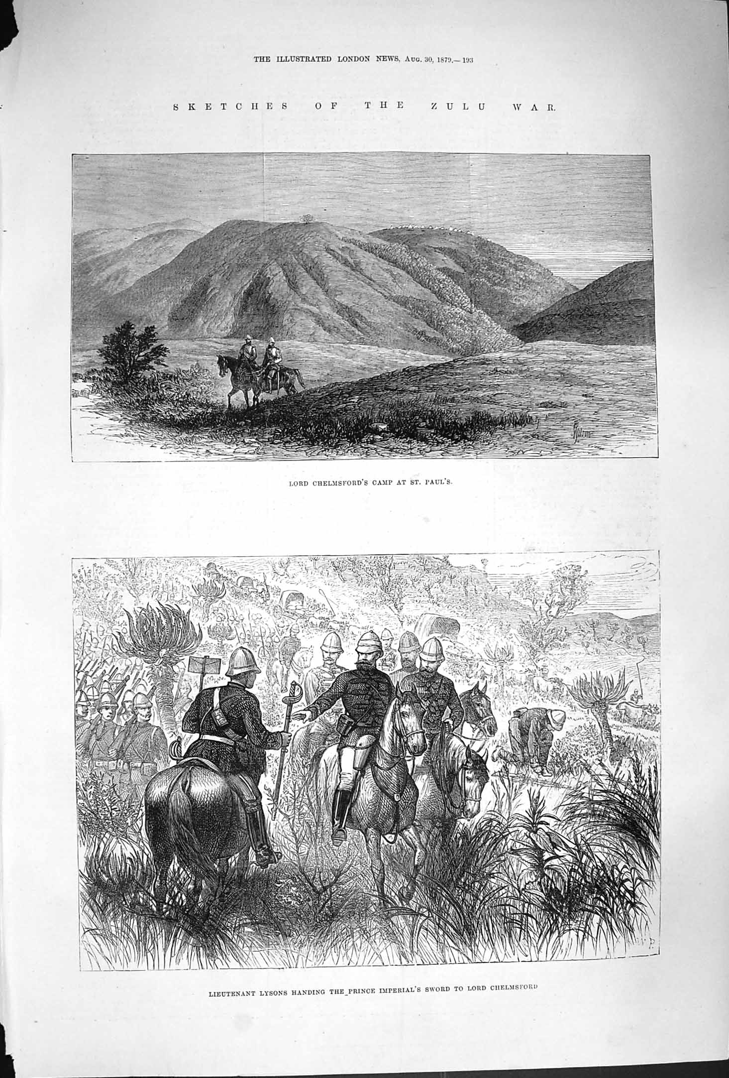 Old Antique Print 1879 Zulu War Lord Chelmsford Camp Lysons Prince Sword 19th