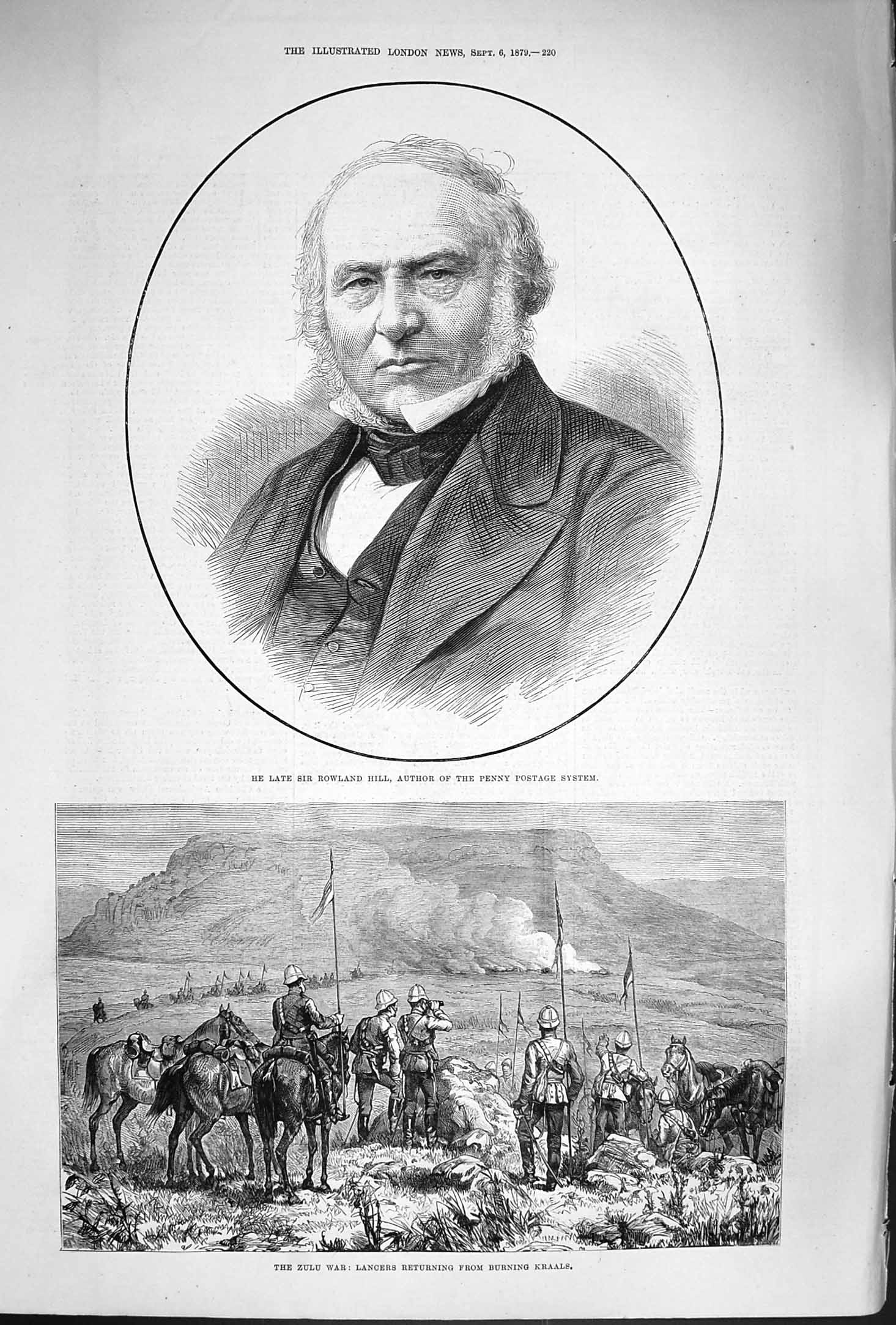 Original Old Antique Print 1879 Rowland Hill Penny Postage Zulu War Lancers 19th