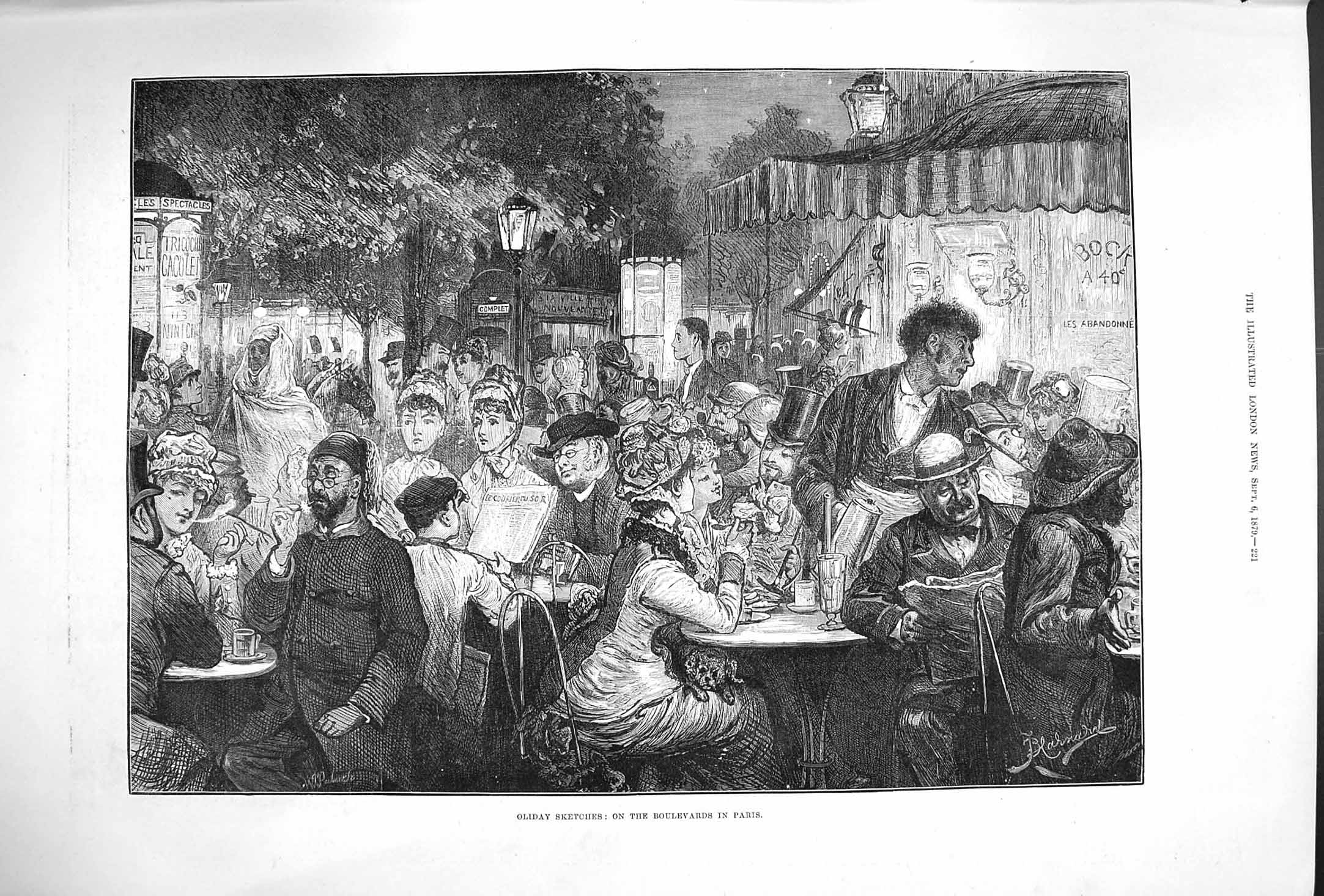 Original Old Antique Print 1879 Holiday Sketches Scene Boulevards Paris France
