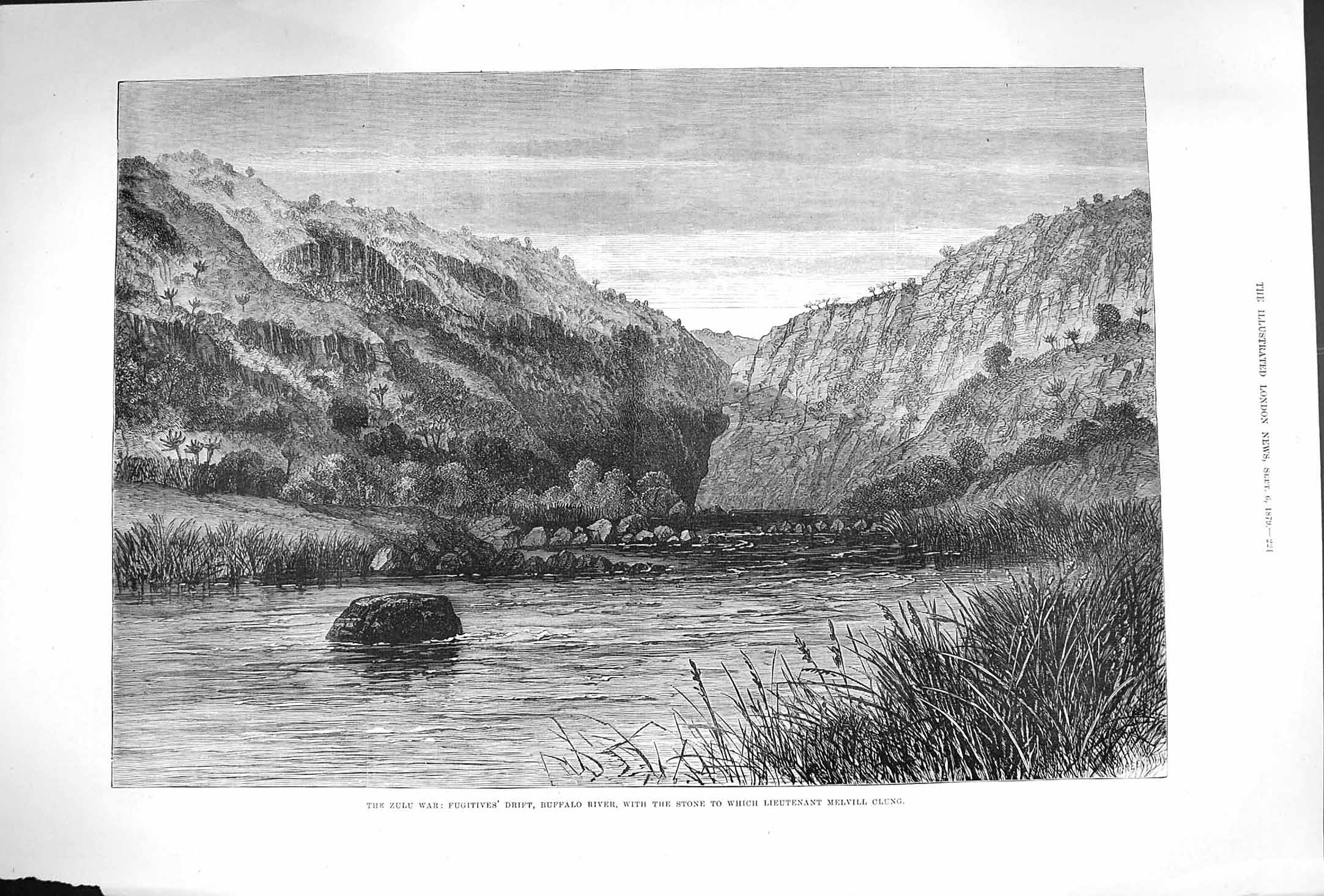Original Old Antique Print 1879 Zulu War Fugitive'S Drift Buffalo River Melvill
