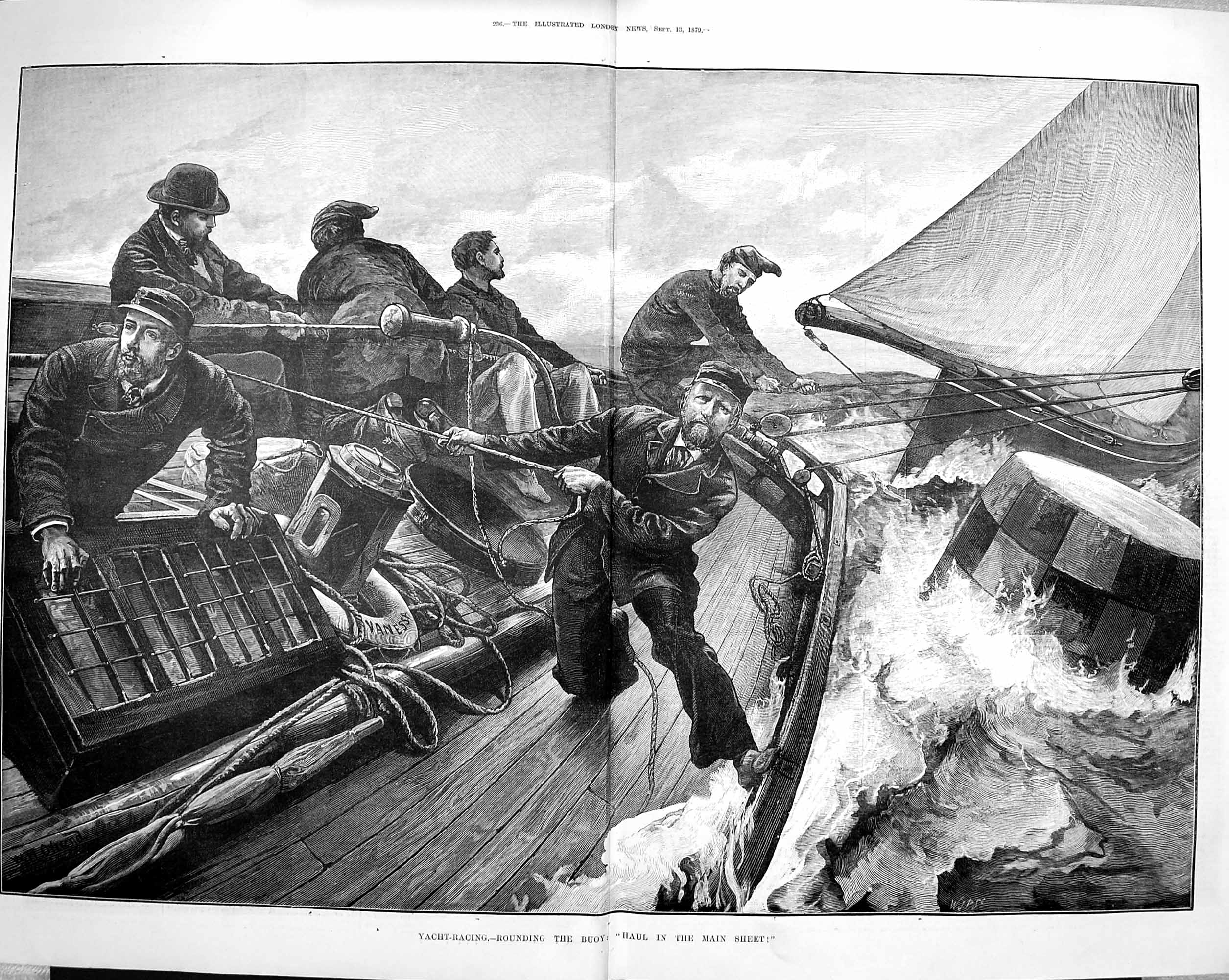 Old Antique Print 1879 Yacht Racing Buoy Hauling Main Sheet Sailing Sea 19th