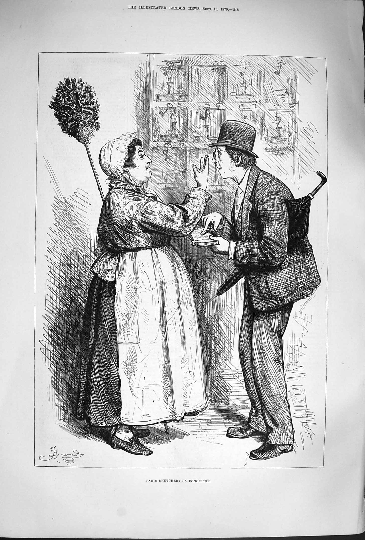 Original Old Antique Print 1879 Paris Scene La Concierge Man Lady Umbrella 19th