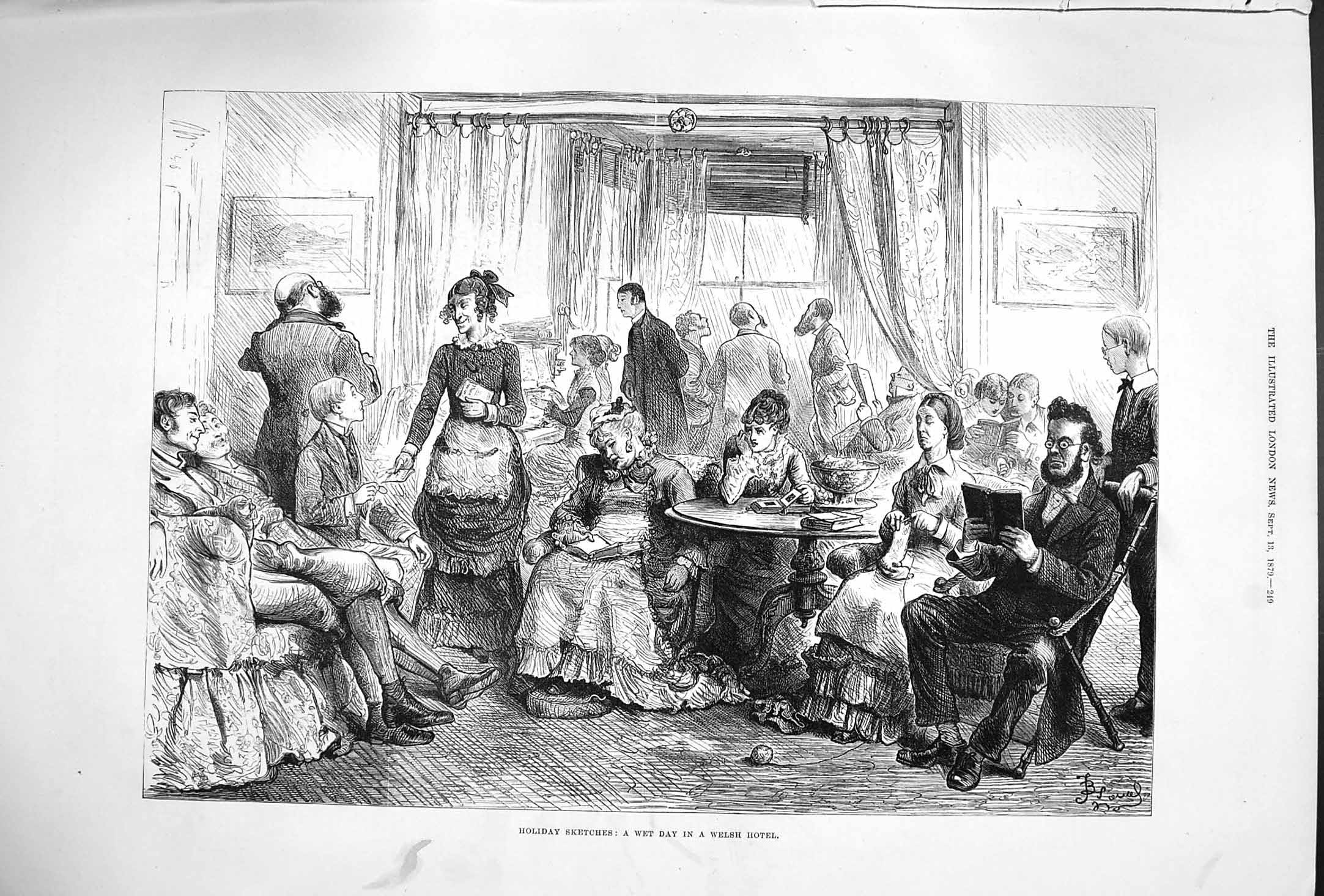 Original Old Antique Print 1879 Holiday Sketches Wet Day Welsh Hotel Wales 19th