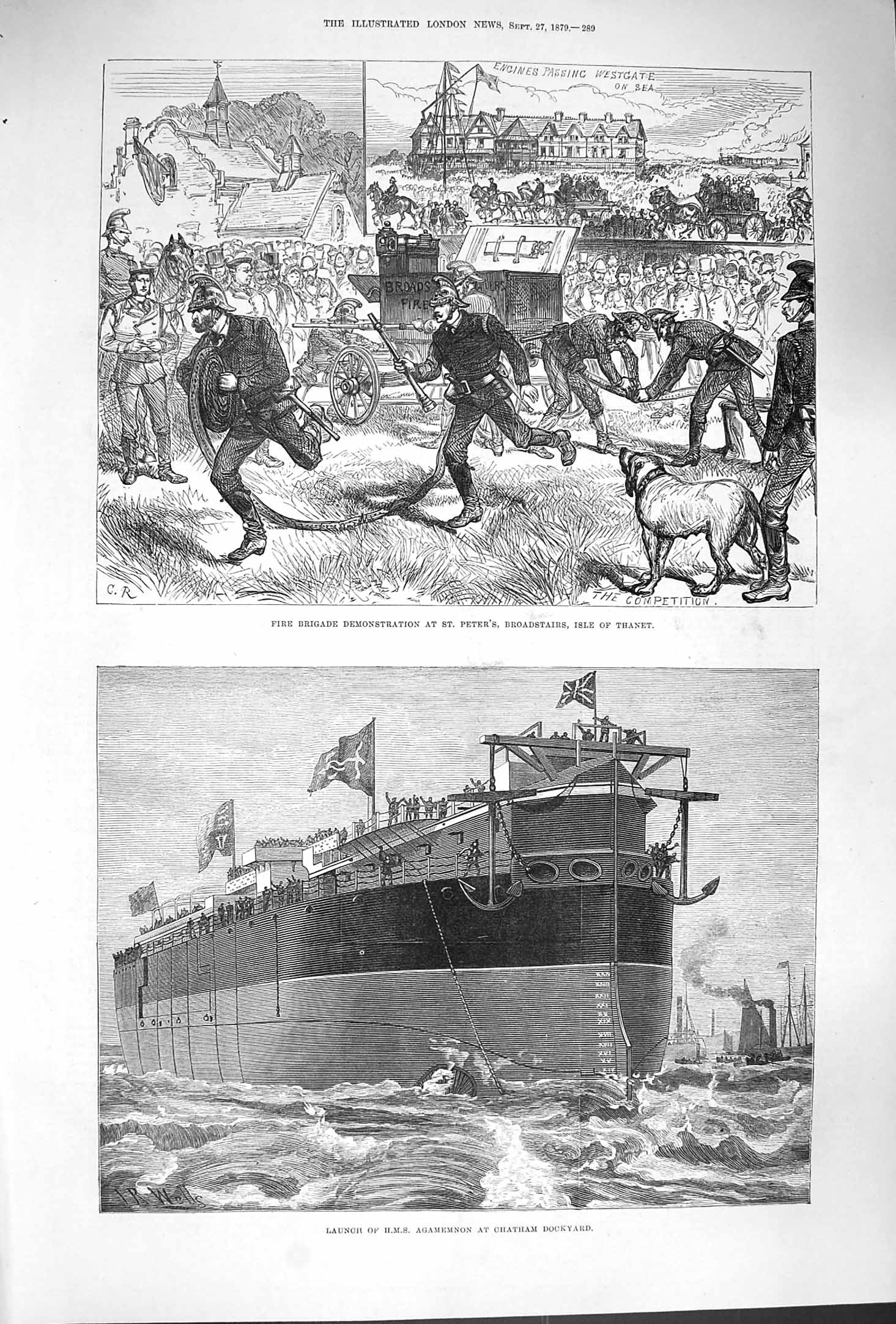 Original Old Antique Print 1879 Fire Brigade Peter'S Isle Thanet Agamemnon Ship