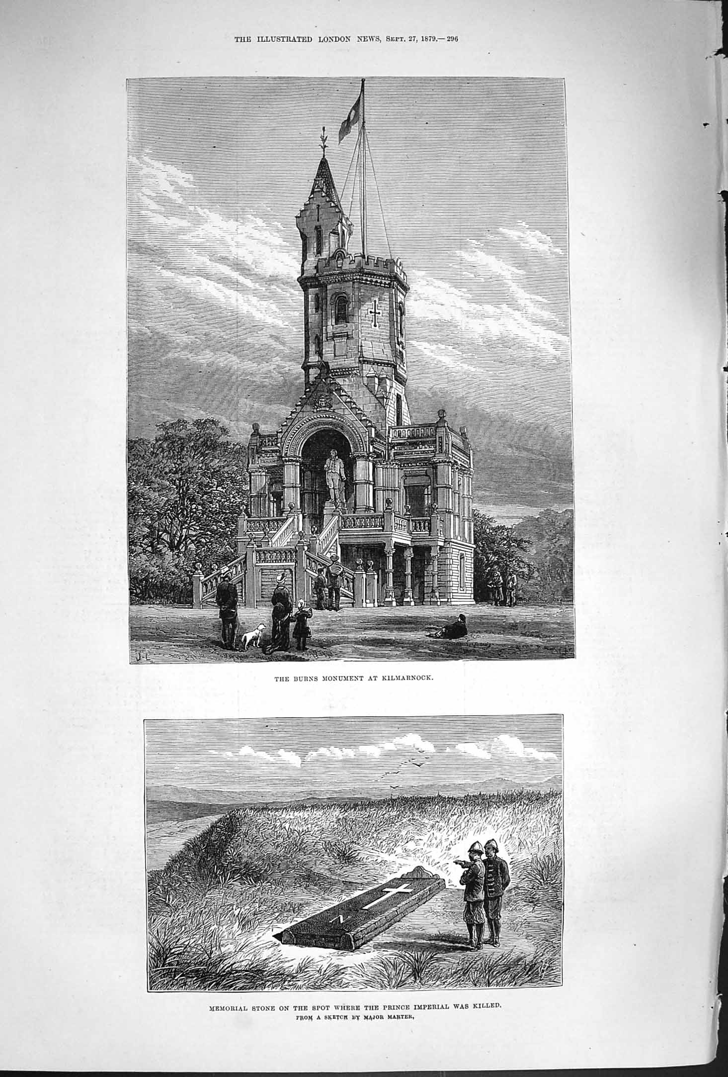 Original Old Antique Print 1879 Burns Monument Kilmarnock Memorial Stone Prince